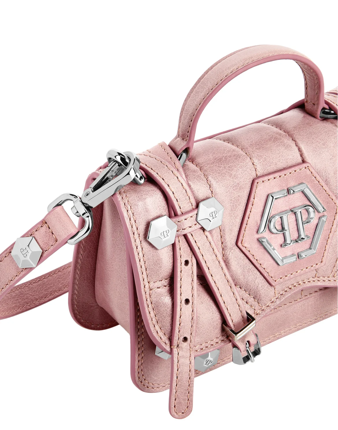 Shiny Crackle Leather Belt Handle Bag Small Hexagon, цвет: Розовый