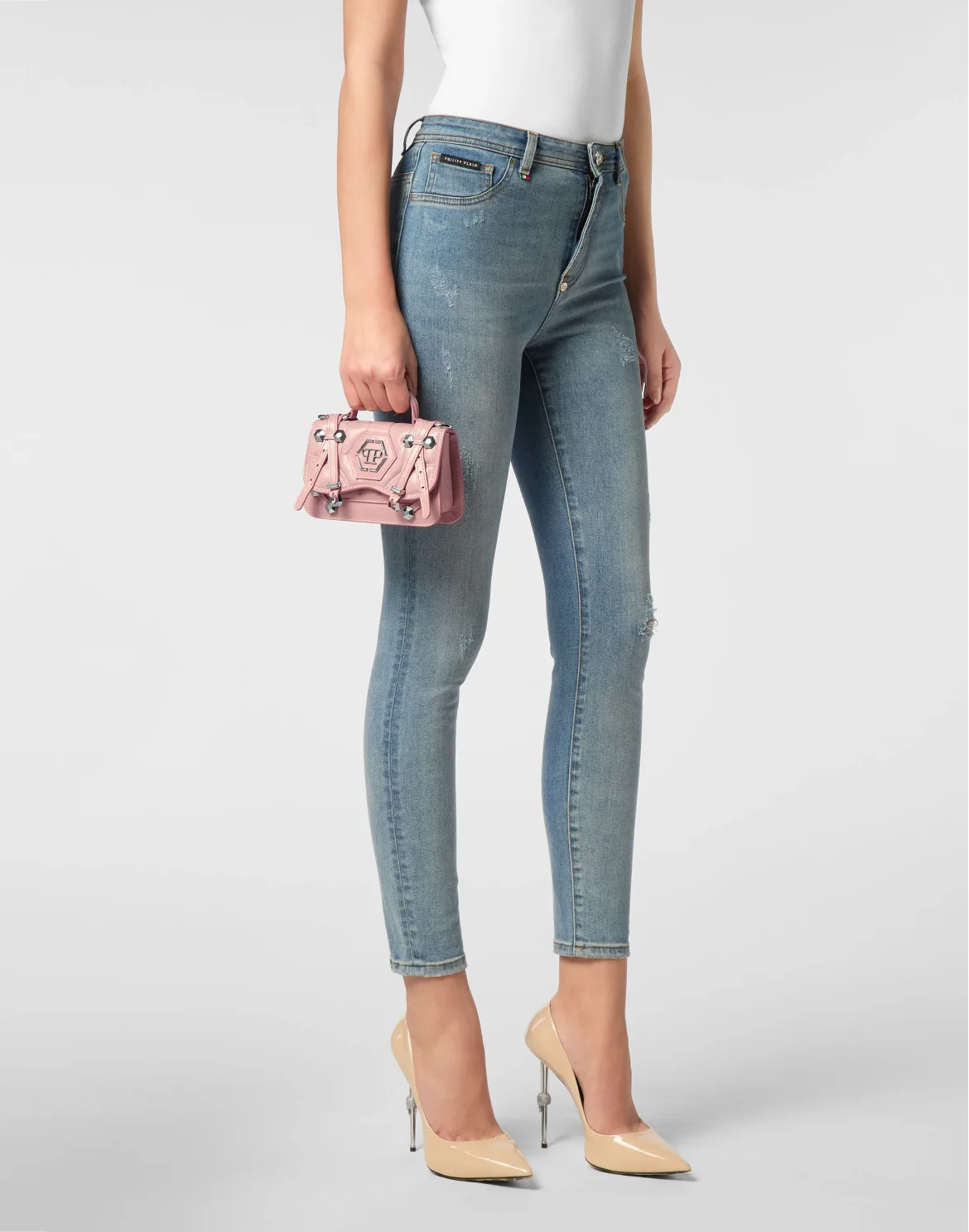 Shiny Crackle Leather Belt Handle Bag Small Hexagon, цвет: Розовый