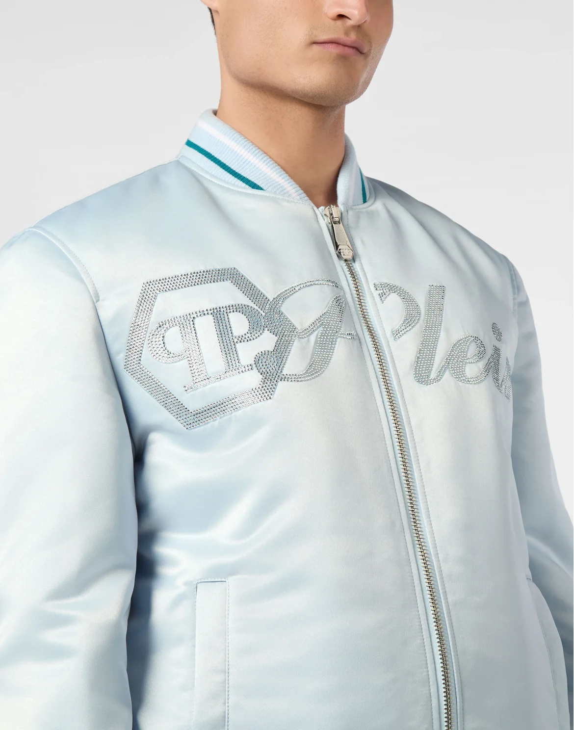 Satin Bomber Jacket Logo Strass, цвет: Голубой