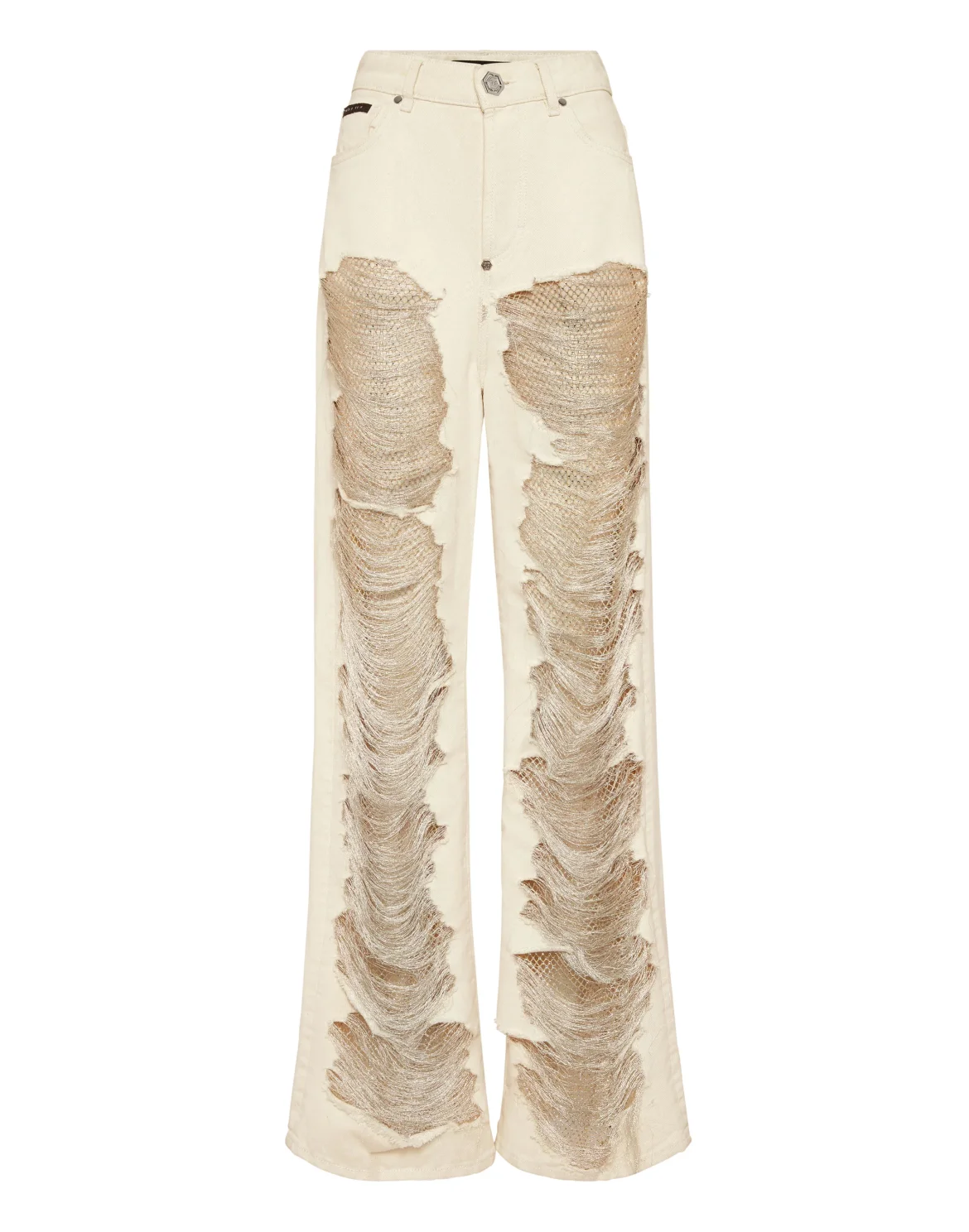 Mesh Strass Denim Trousers Skater Fit Ripped, цвет: Бежевый
