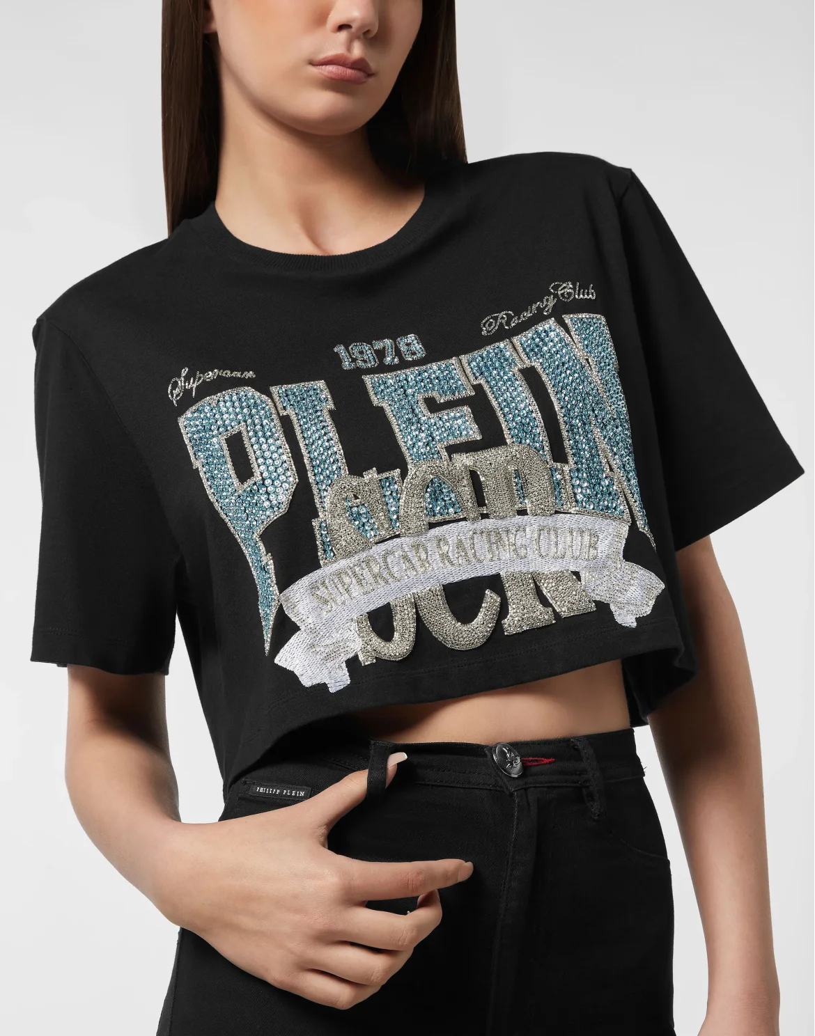T-shirt Round Neck SS Crop Vintage Print, цвет: Черный
