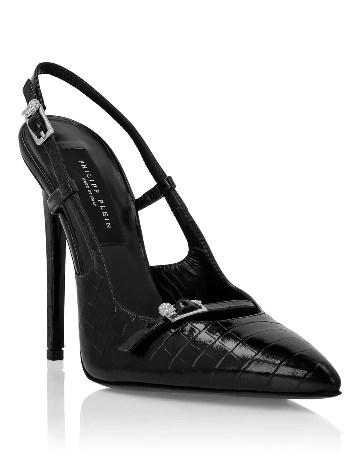Slingback High Heels Crocco Print Buckle Skull, цвет: Черный