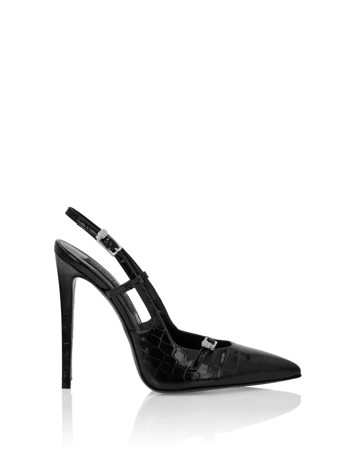 Slingback High Heels Crocco Print Buckle Skull, цвет: Черный