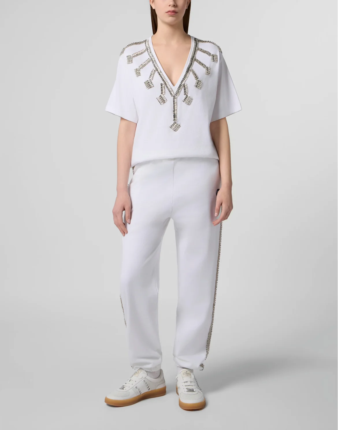 V-Neck T-Shirt Crystal Fringes, цвет: Белый