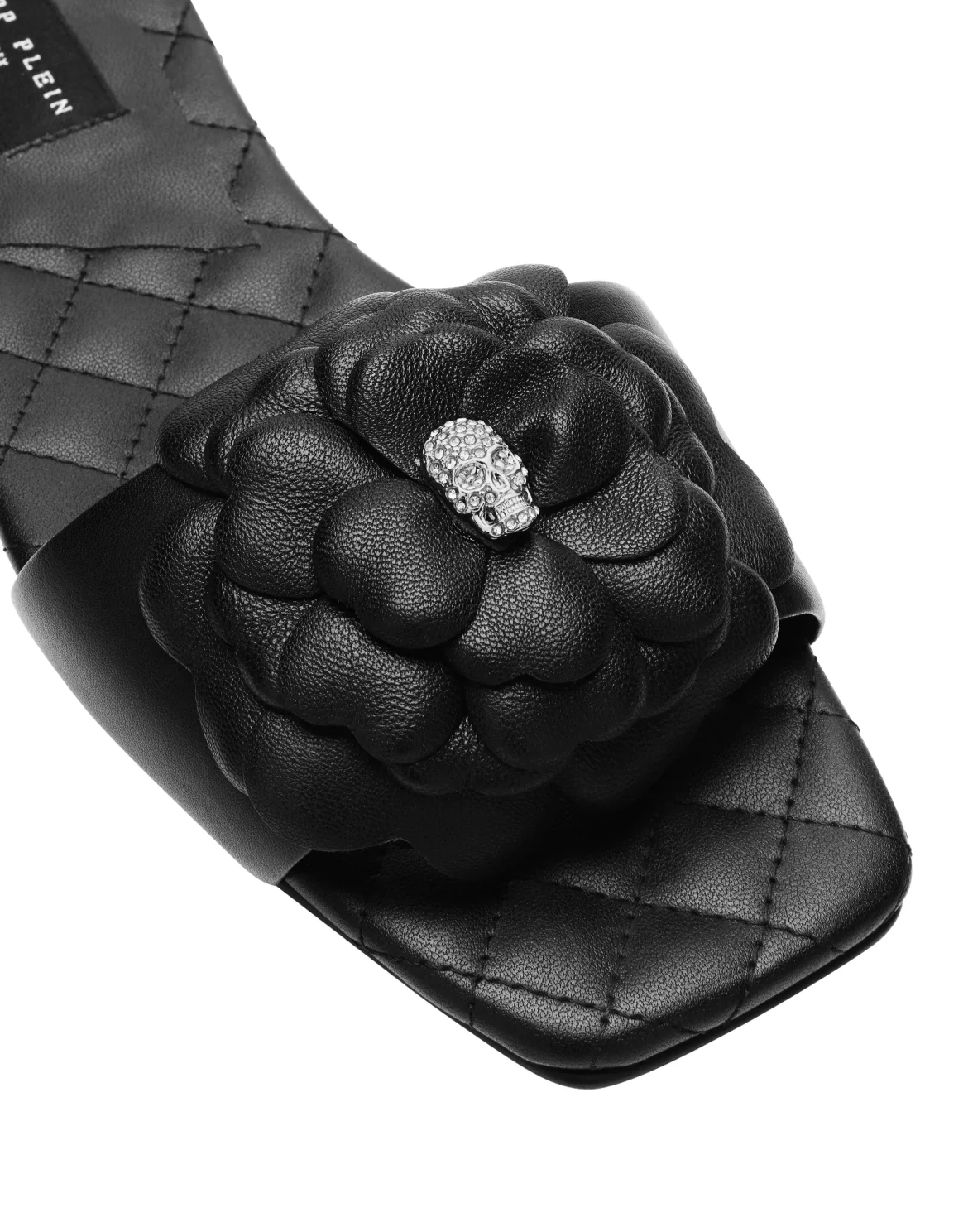 Leather Flat Slides Flower, цвет: Черный