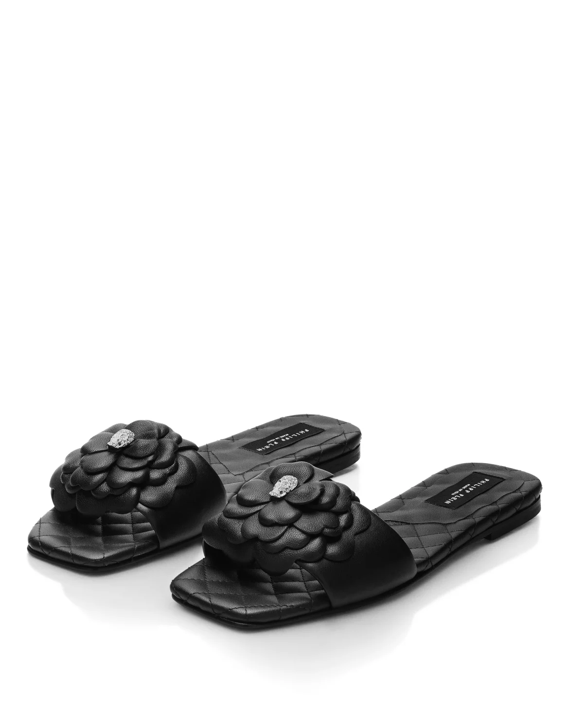Leather Flat Slides Flower, цвет: Черный