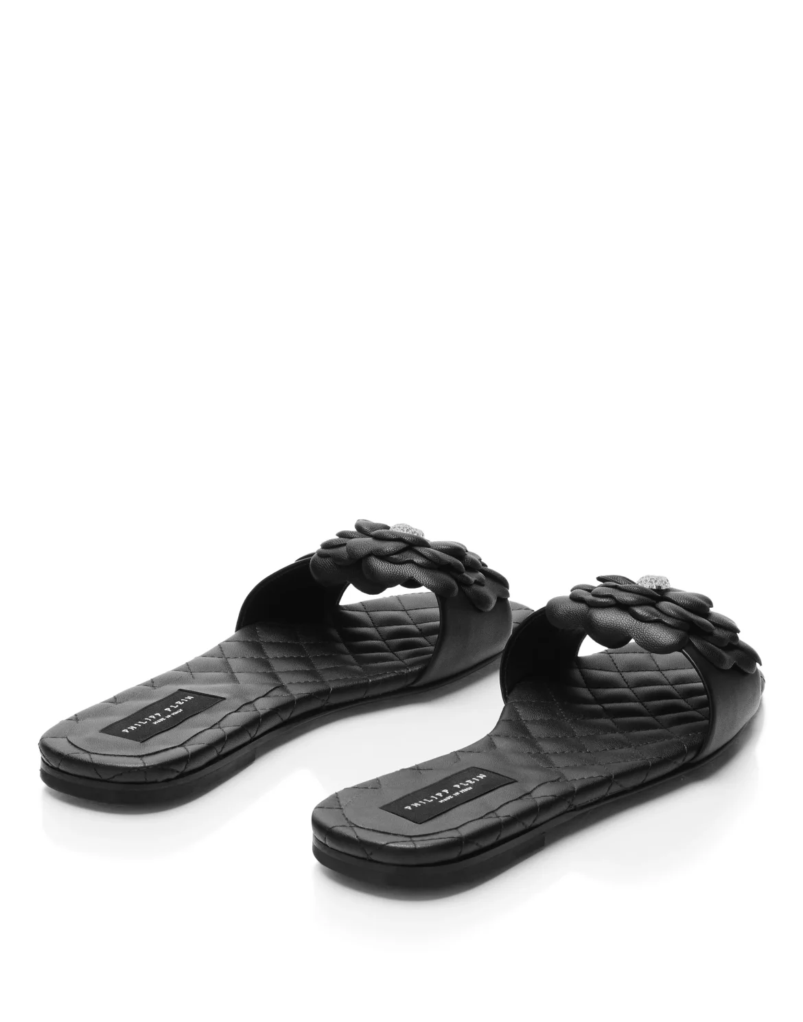 Leather Flat Slides Flower, цвет: Черный
