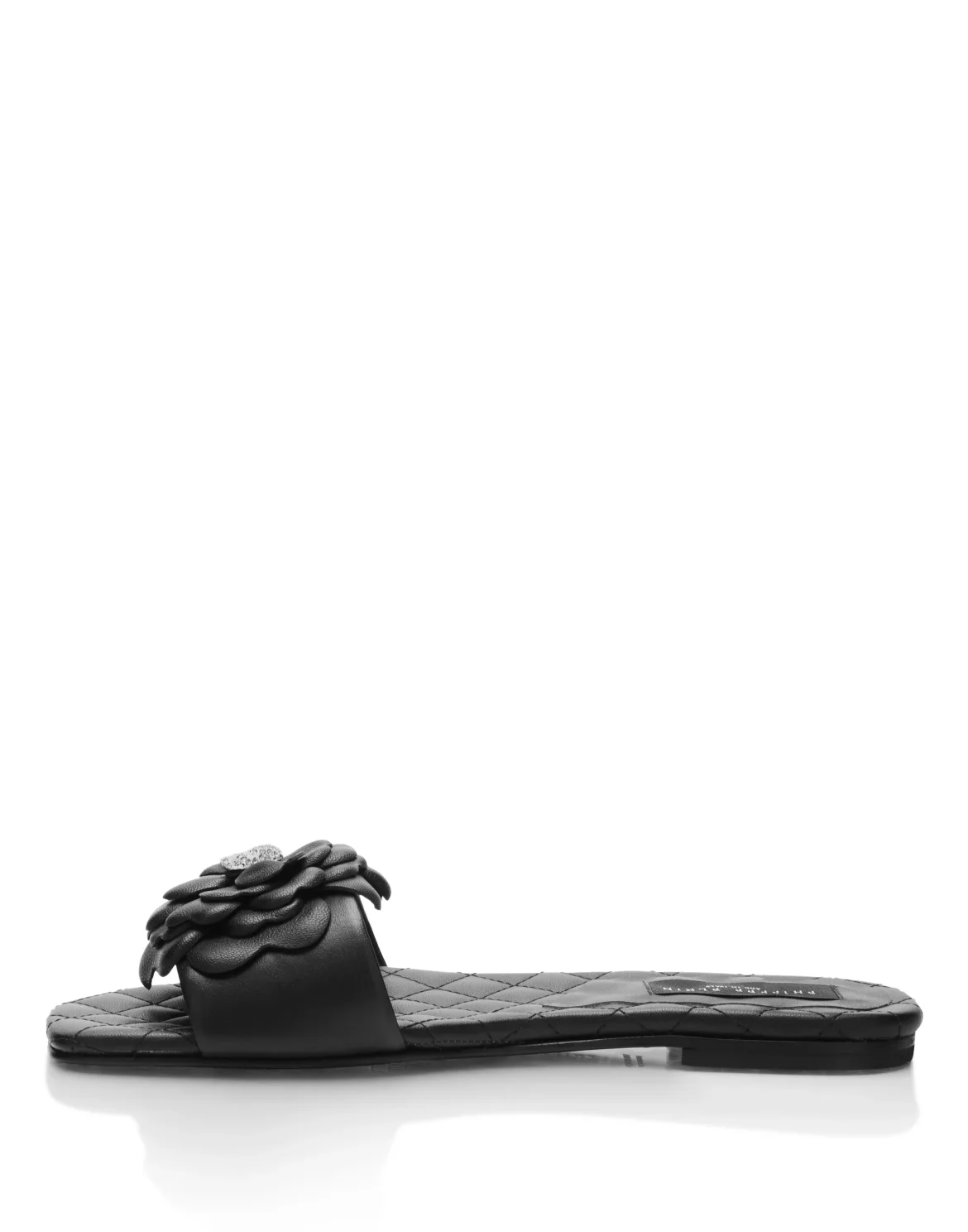 Leather Flat Slides Flower, цвет: Черный