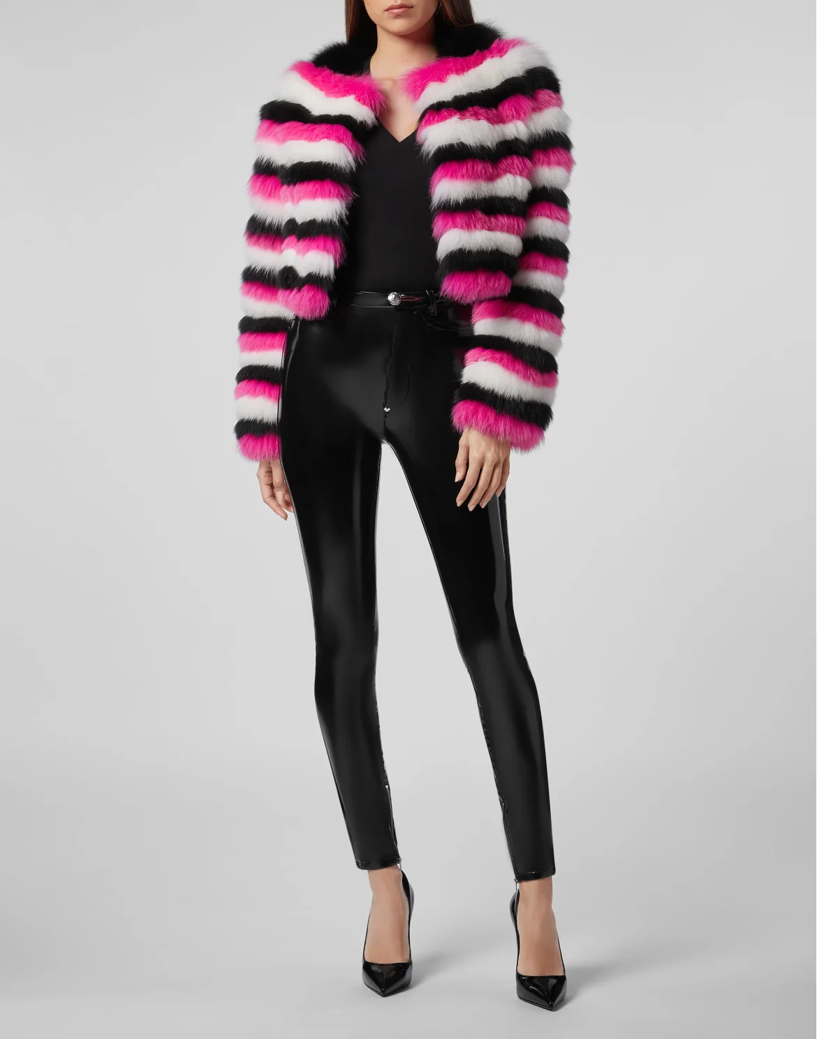Fur Coat Short Stripes, цвет: Черный