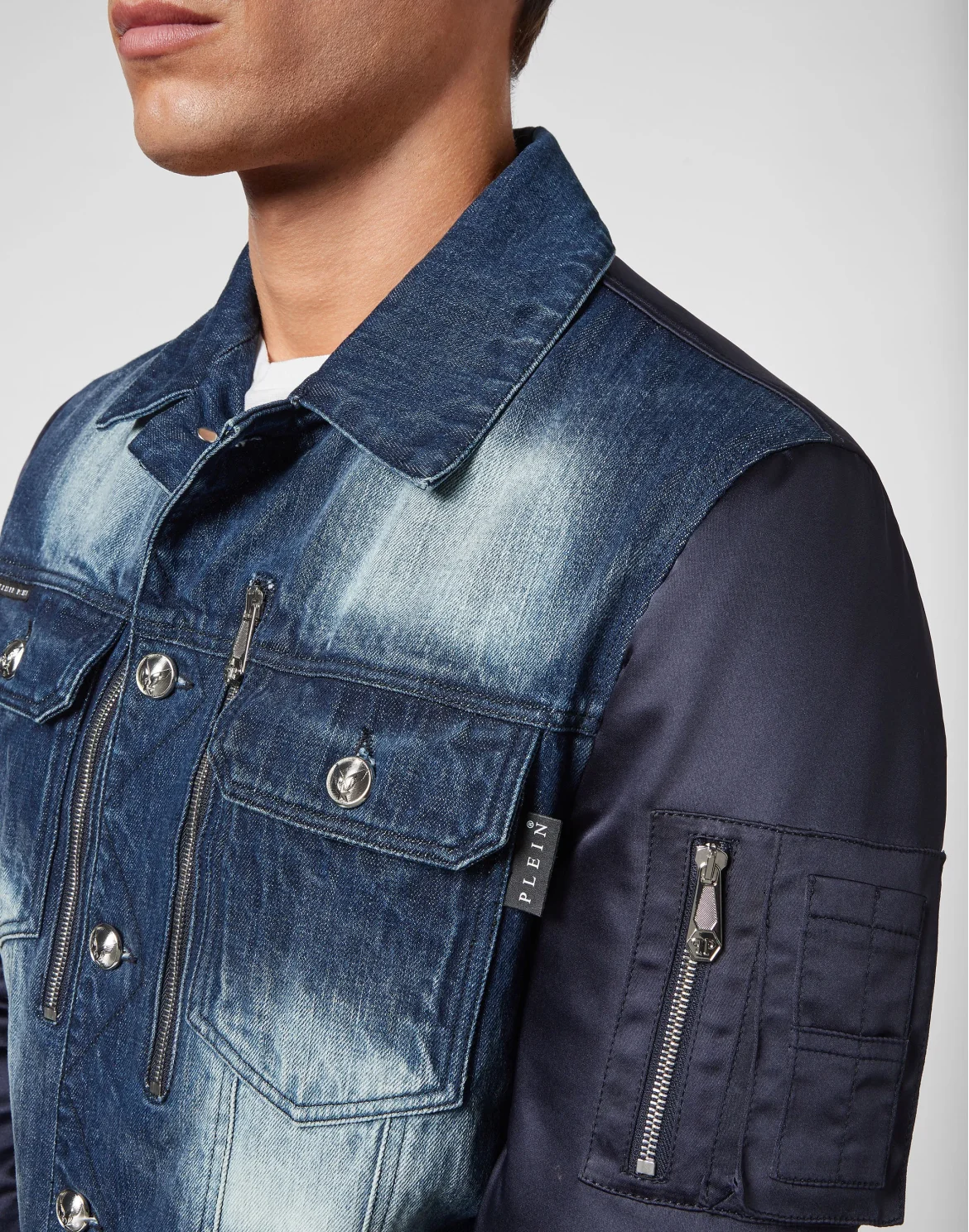 Denim Bomber Jacket Nylon Insert Bleached, цвет: Синий