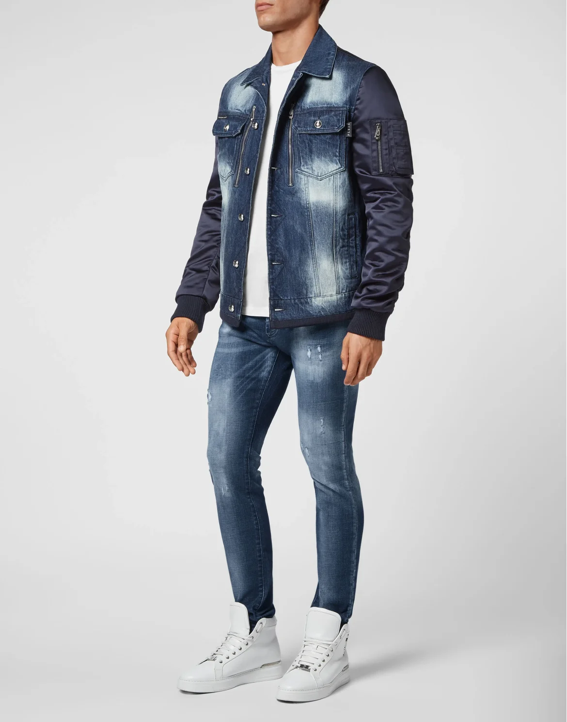 Denim Bomber Jacket Nylon Insert Bleached, цвет: Синий