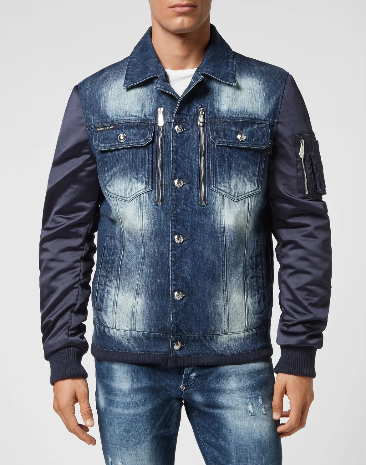 Denim Bomber Jacket Nylon Insert Bleached, цвет: Синий