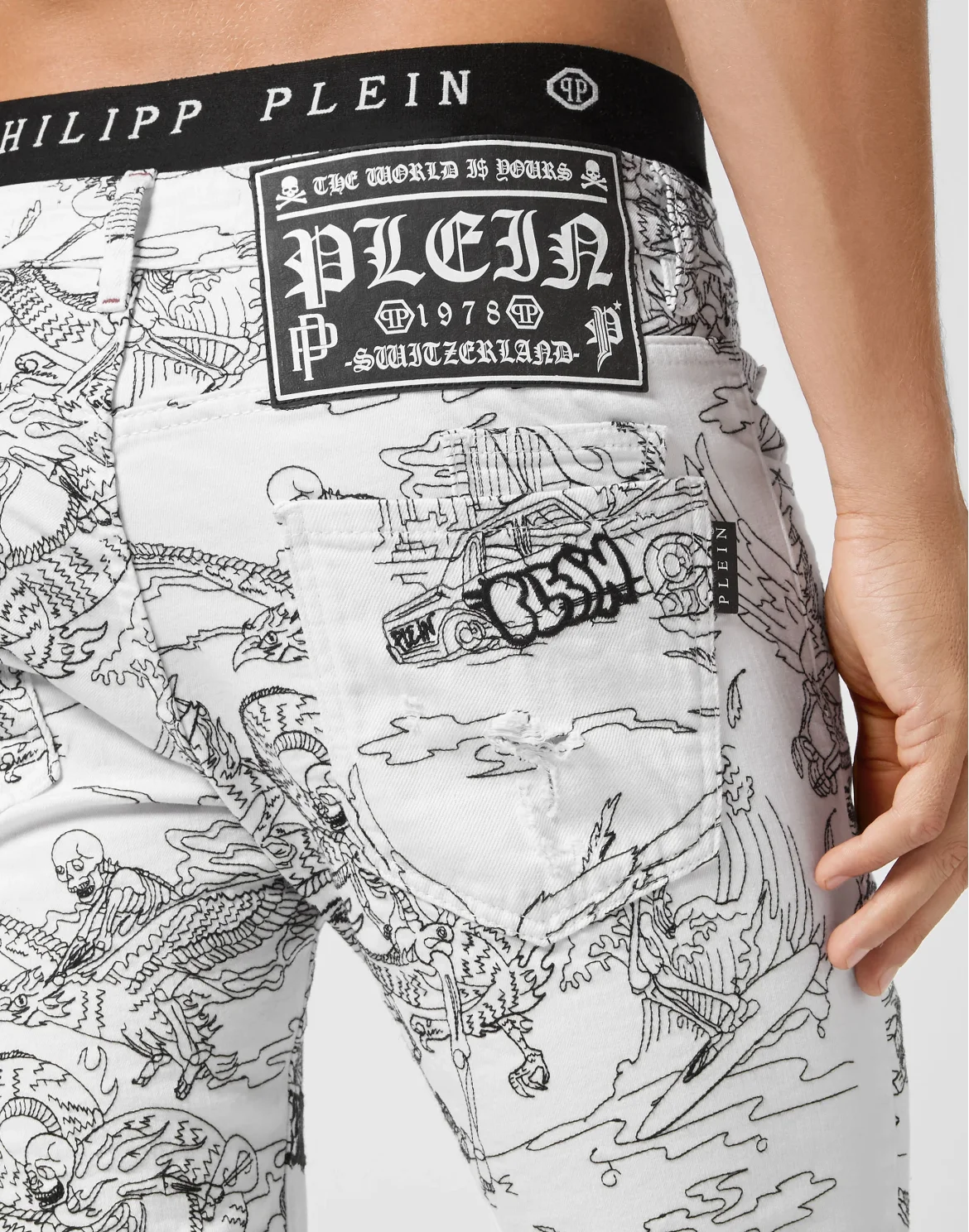Denim Trousers Super Straight Cut Skeleton tattoo, цвет: Белый
