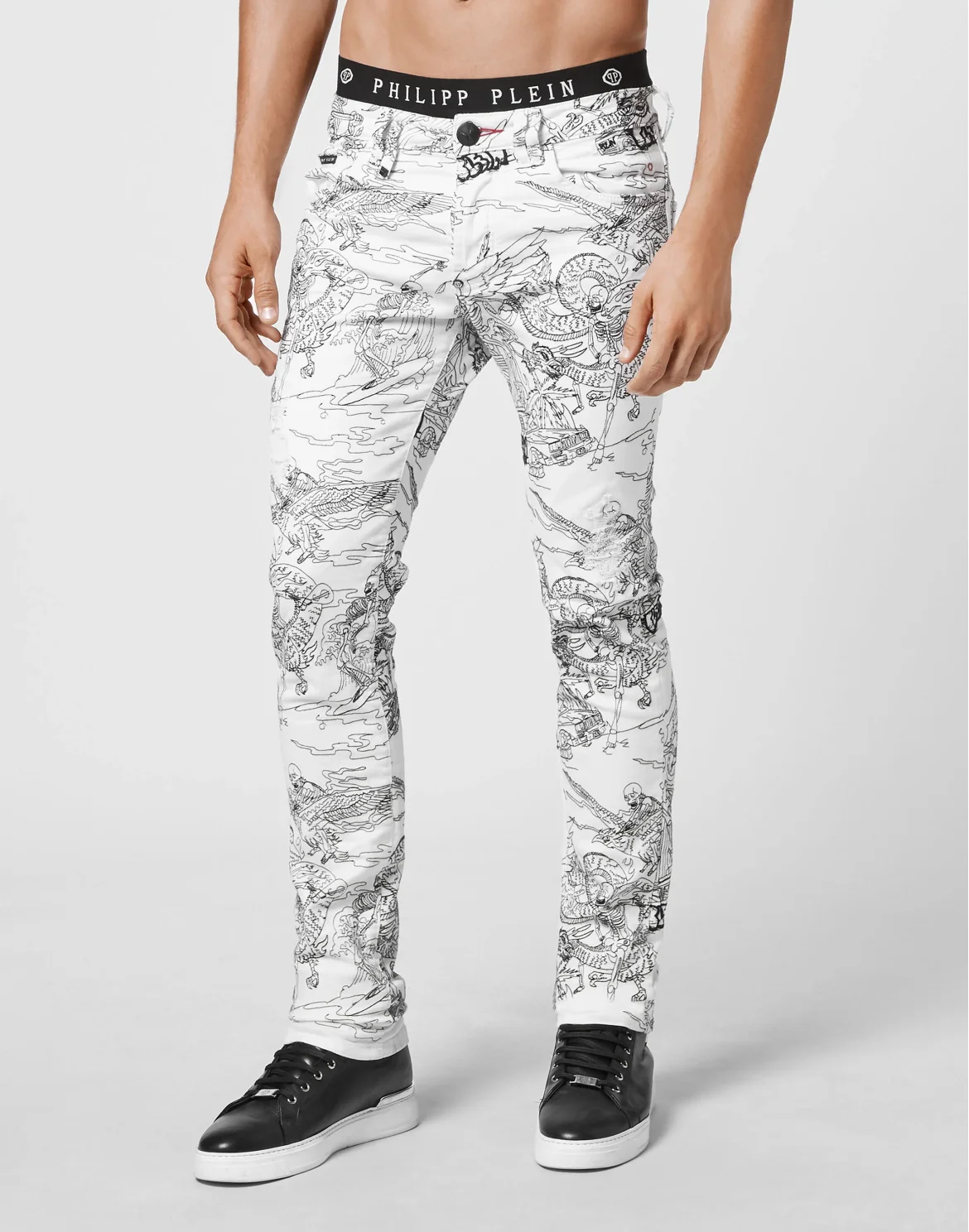 Denim Trousers Super Straight Cut Skeleton tattoo, цвет: Белый