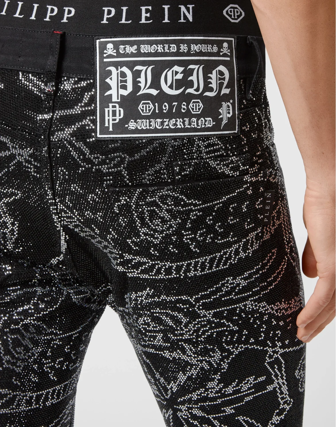 Denim Trousers Super Straight Cut Strass Skeleton tattoo with Crystals, цвет: Черный