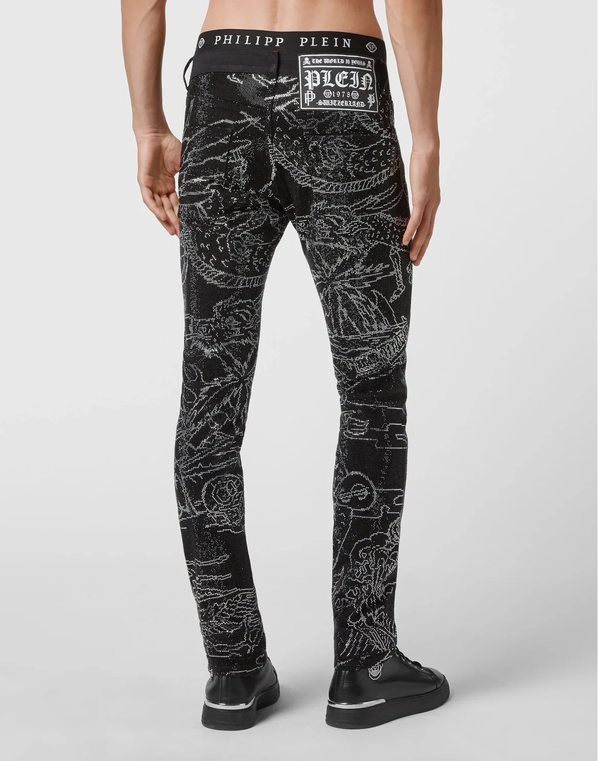 Denim Trousers Super Straight Cut Strass Skeleton tattoo with Crystals, цвет: Черный