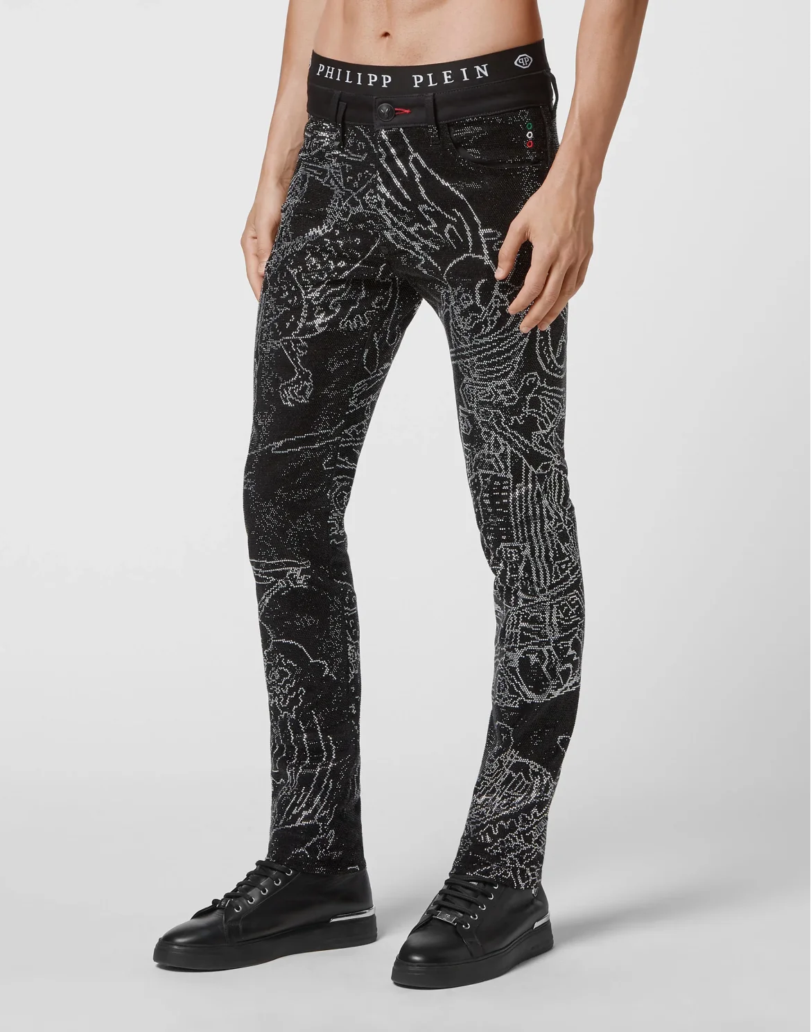 Denim Trousers Super Straight Cut Strass Skeleton tattoo with Crystals, цвет: Черный