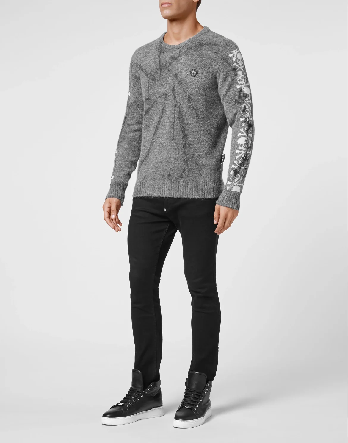 Wool Alpaca Pullover Round Neck LS Bleached Skull, цвет: Черный