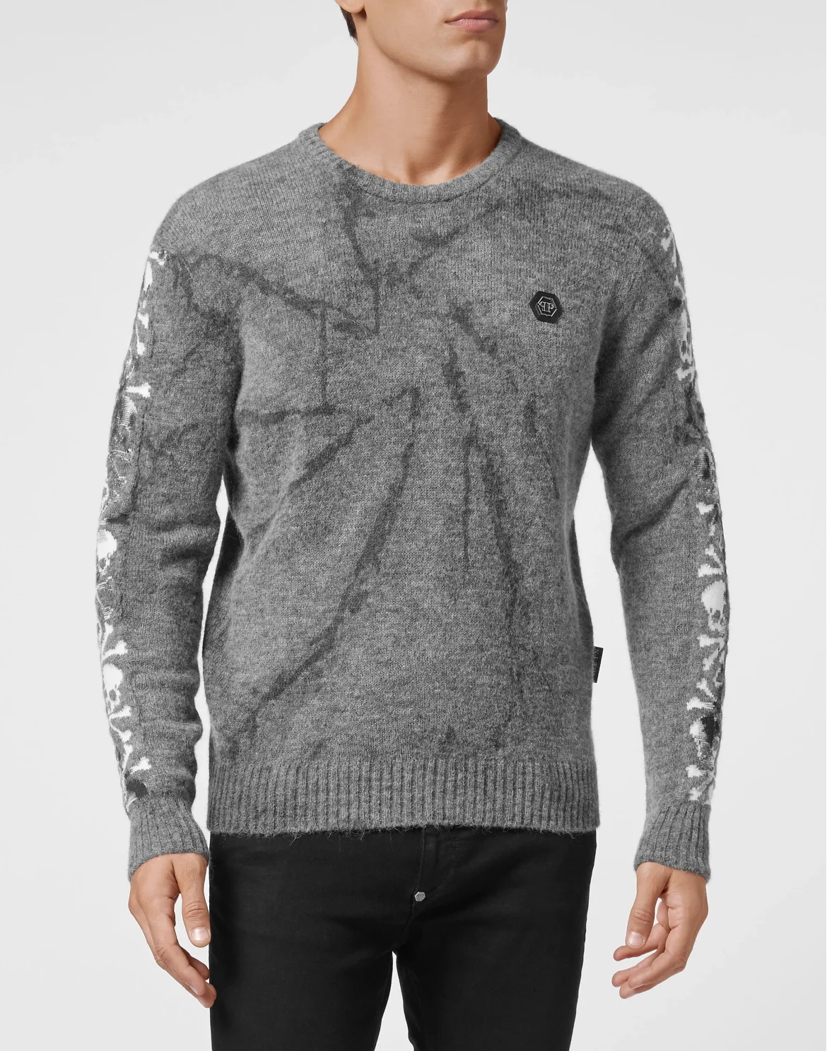Wool Alpaca Pullover Round Neck LS Bleached Skull, цвет: Черный