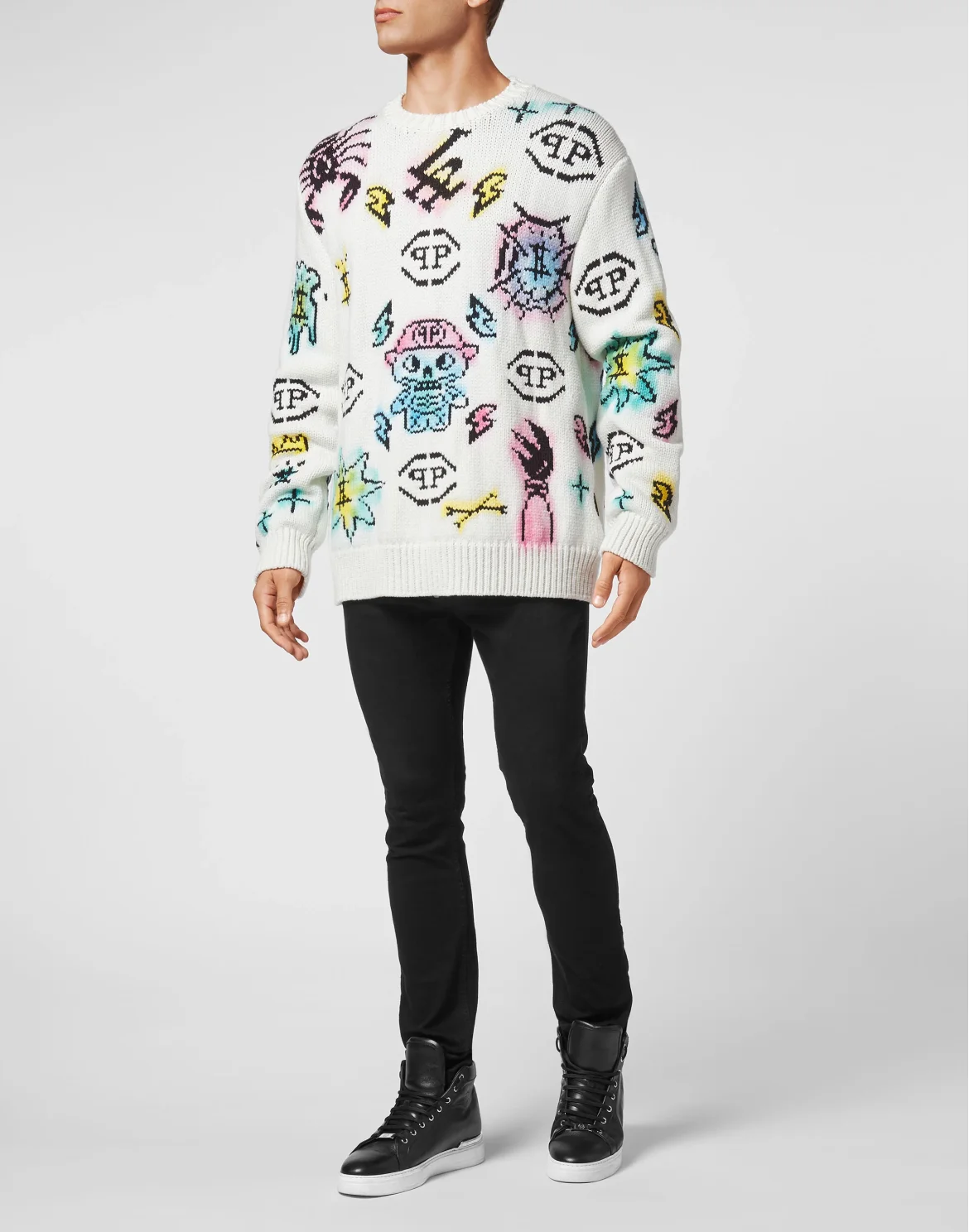 Wool Cotton Pullover Round Neck LS Tattoo Monogram, цвет: Белый