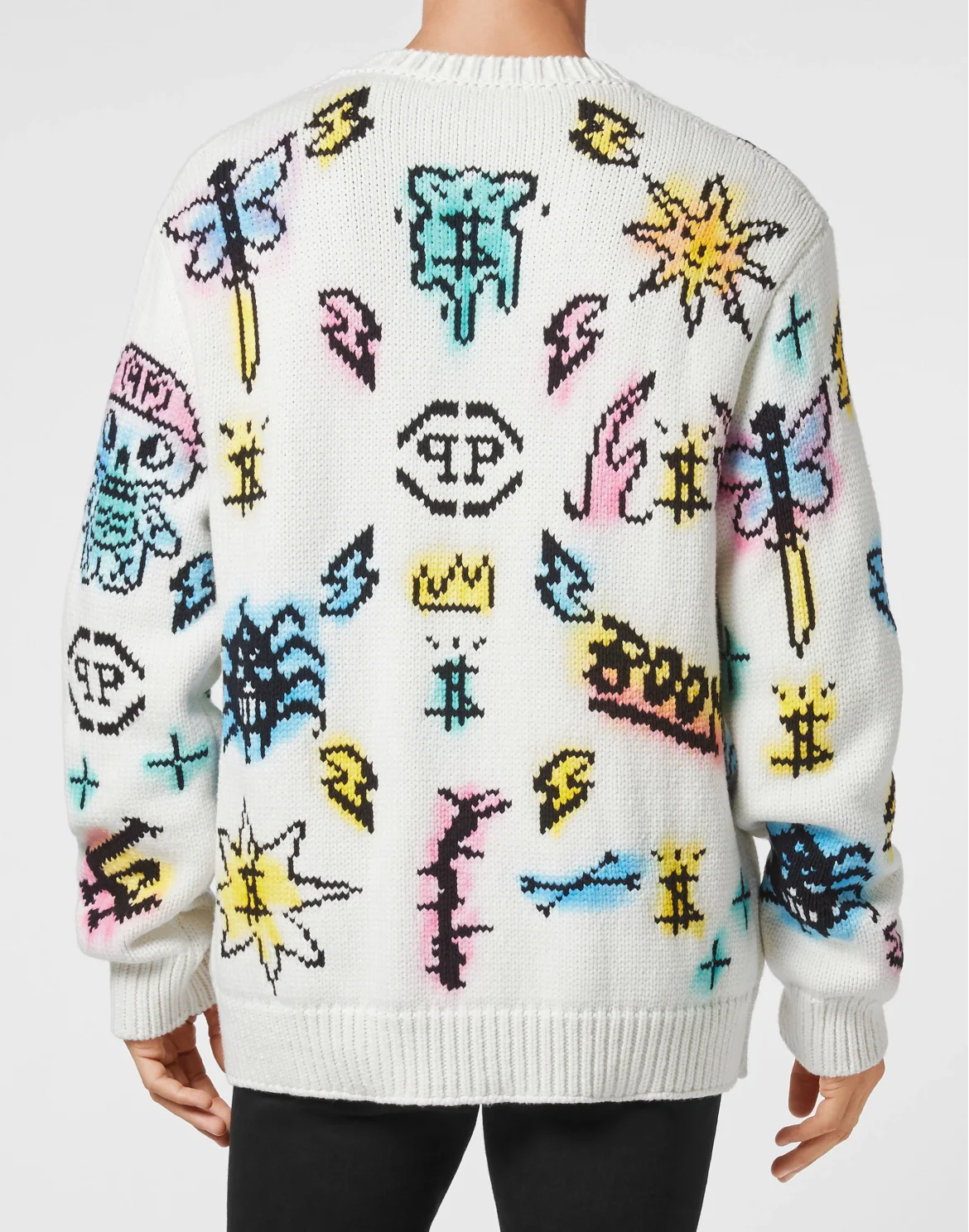 Wool Cotton Pullover Round Neck LS Tattoo Monogram, цвет: Белый