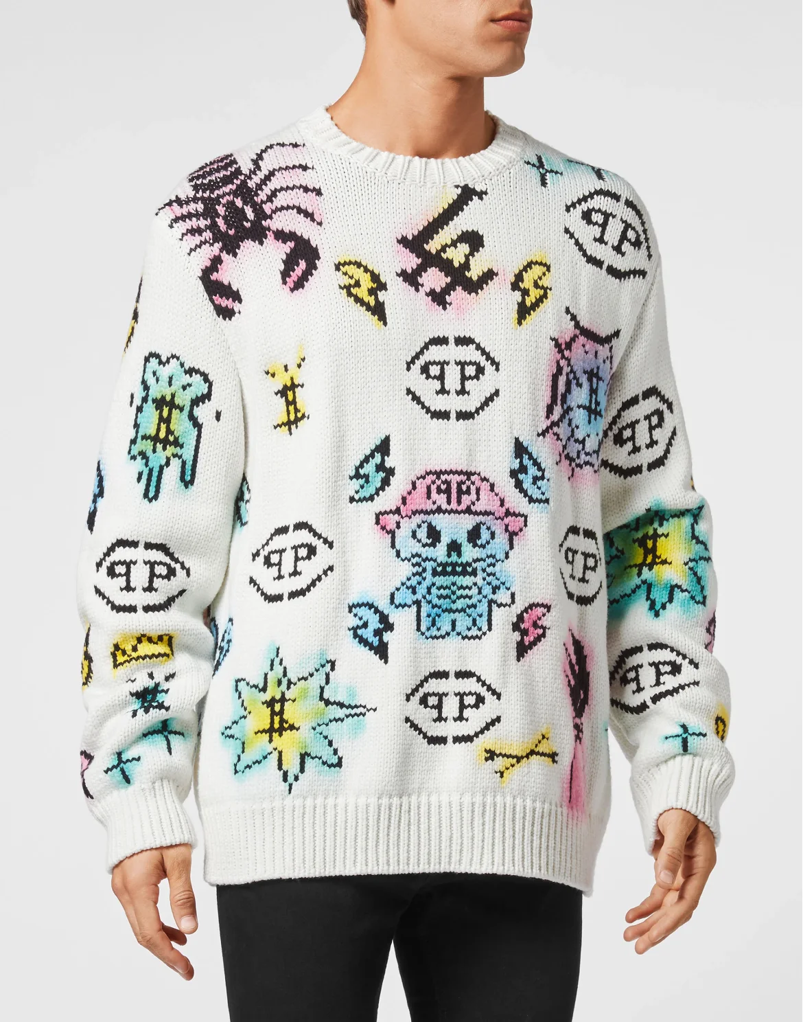 Wool Cotton Pullover Round Neck LS Tattoo Monogram, цвет: Белый