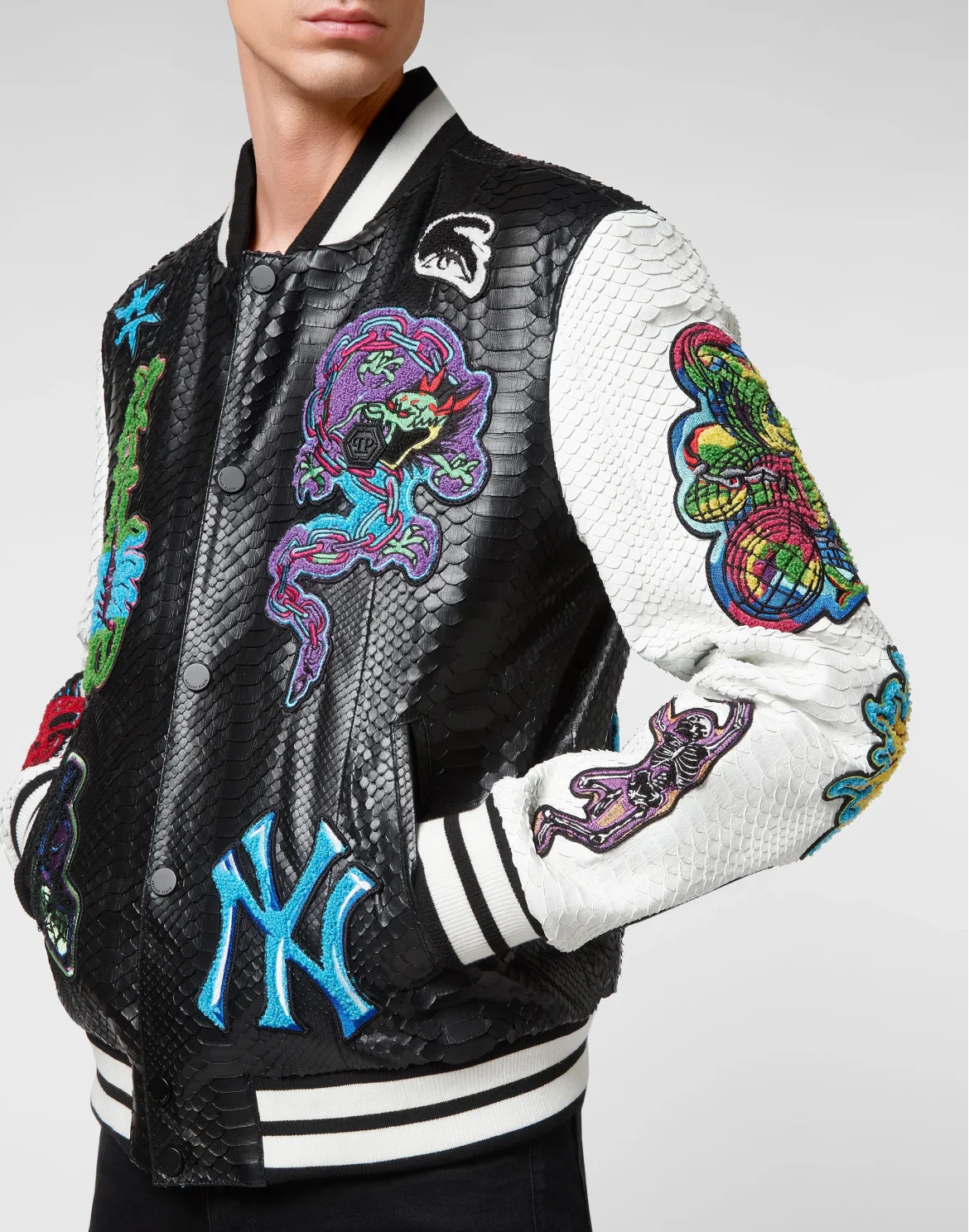 Python Leather College Bomber Tattoo Patches, цвет: Черный