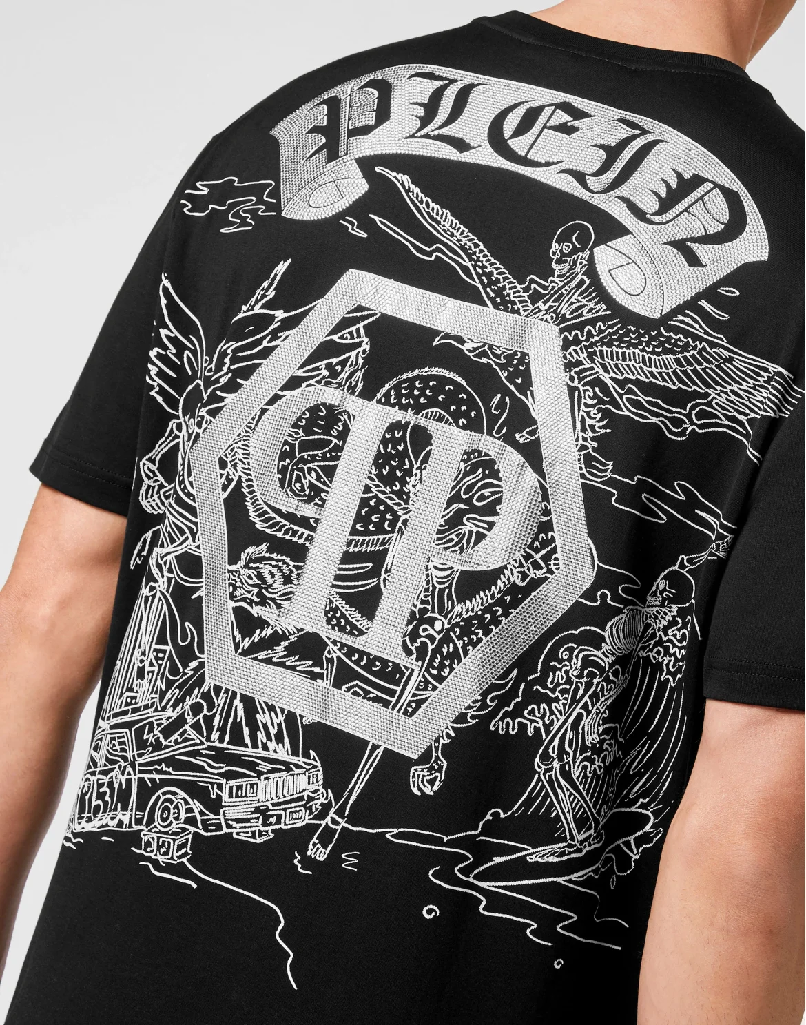 T-shirt Round Neck SS Embroidery Gothic Plein with Crystals, цвет: Черный
