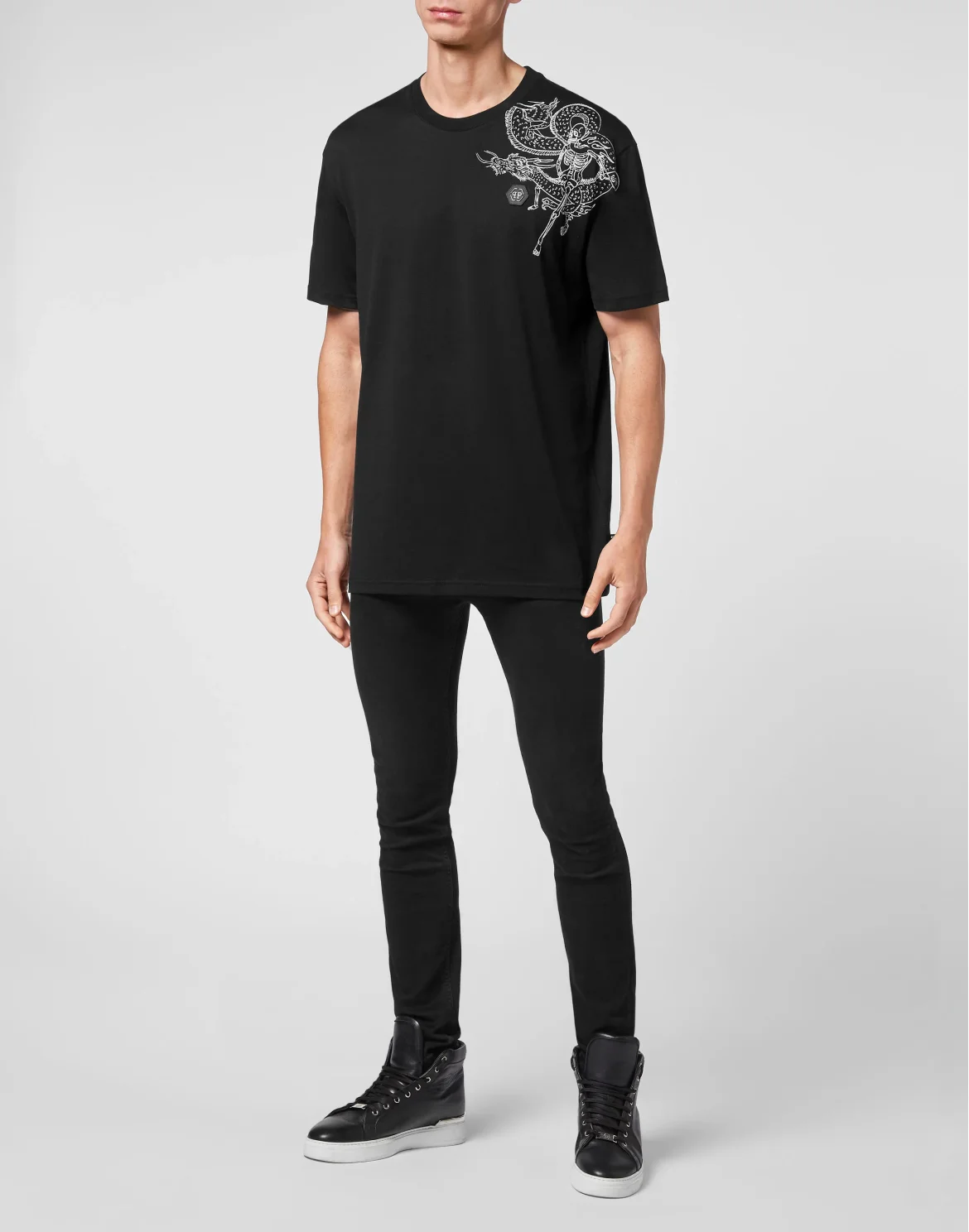 T-shirt Round Neck SS Embroidery Gothic Plein with Crystals, цвет: Черный