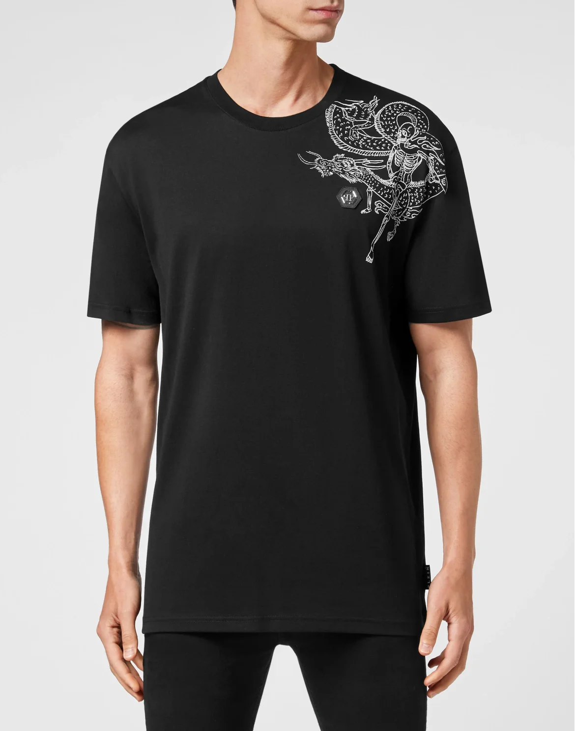 T-shirt Round Neck SS Embroidery Gothic Plein with Crystals, цвет: Черный