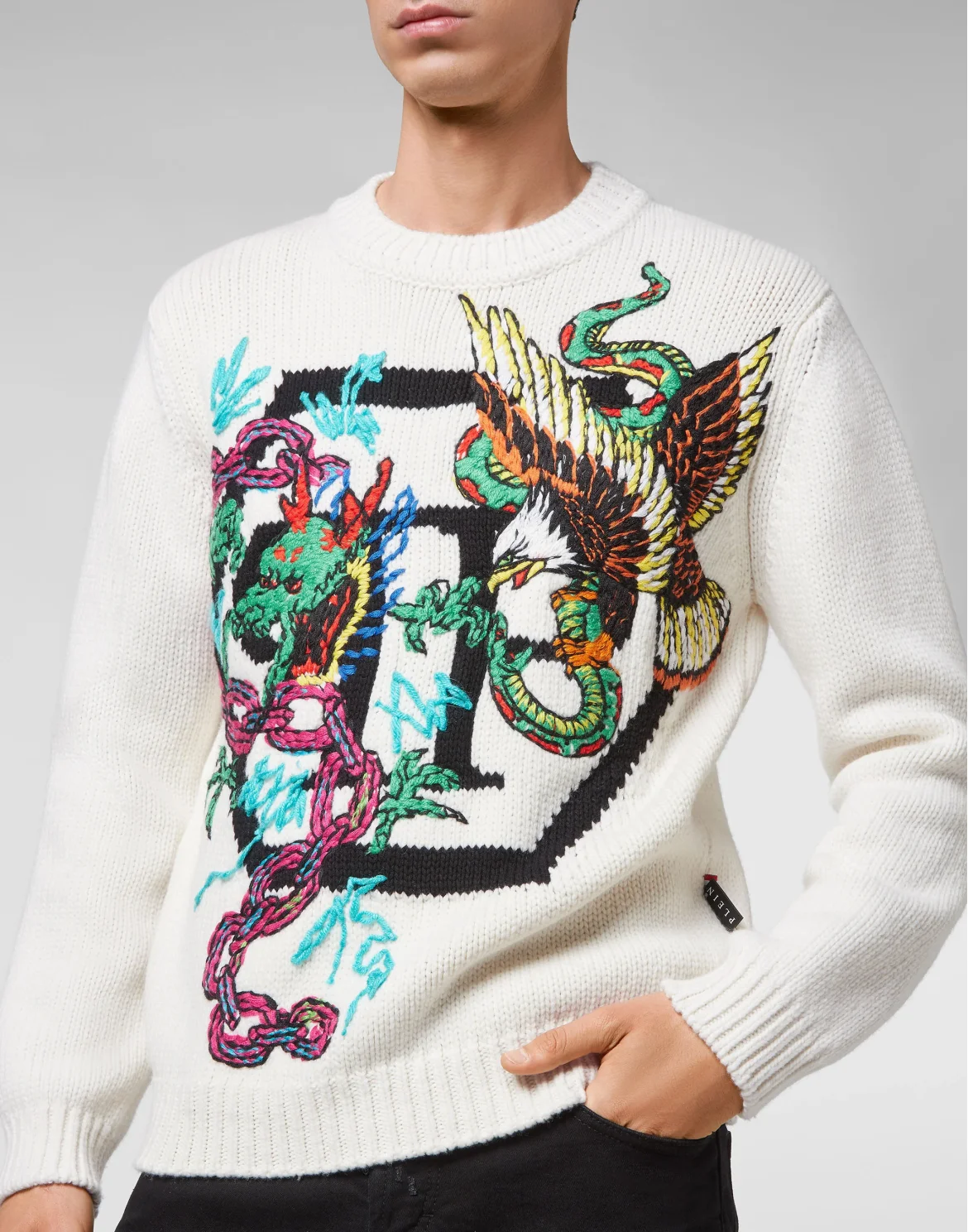 Wool Cotton Pullover Round Neck LS Tattoo Patches, цвет: Белый