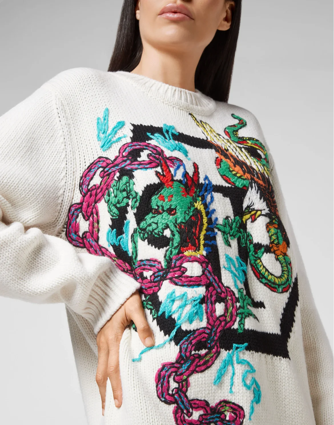 Wool Cotton Pullover Round Neck LS Tattoo Patches, цвет: Белый