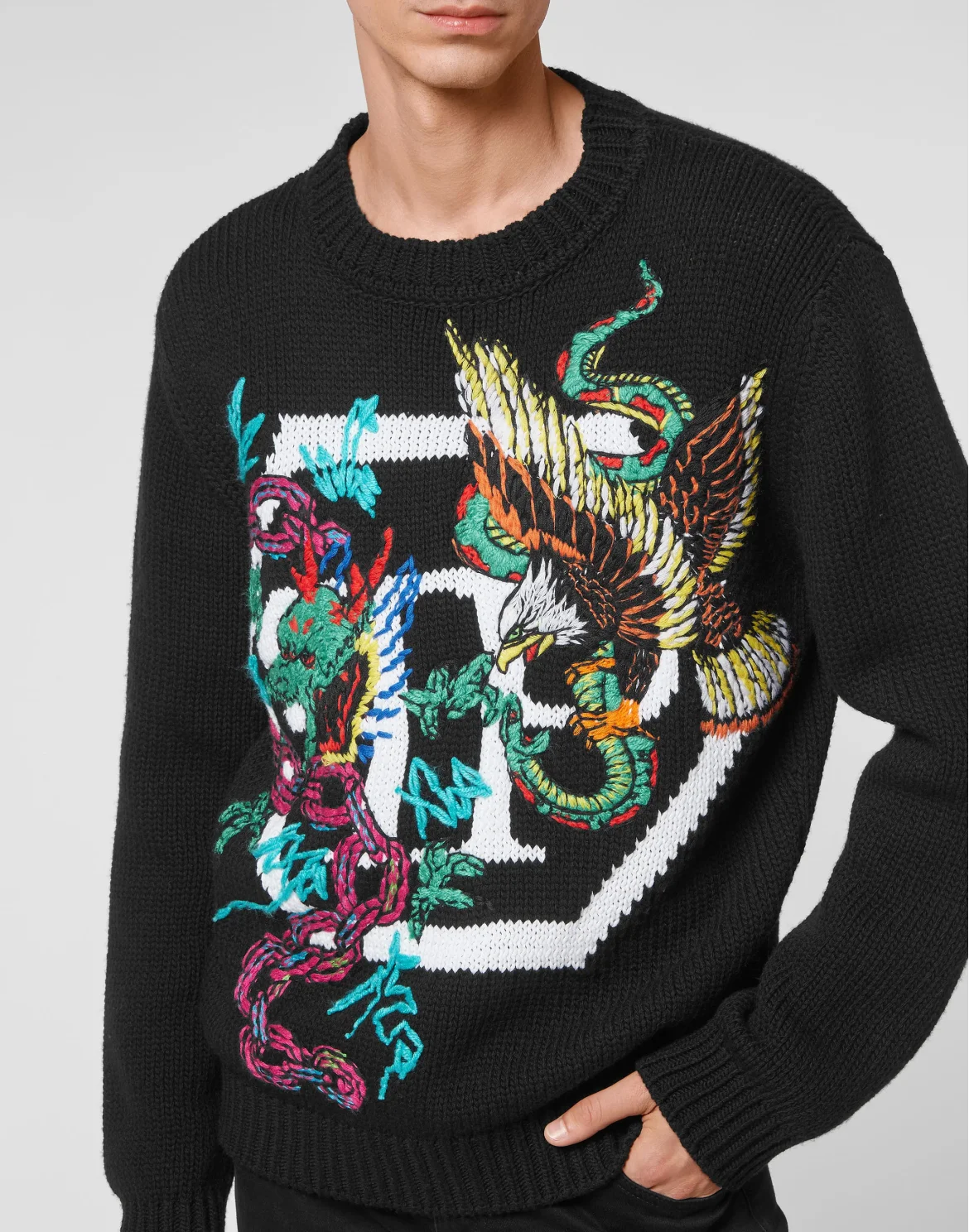 Wool Cotton Pullover Round Neck LS Tattoo Patches, цвет: Черный