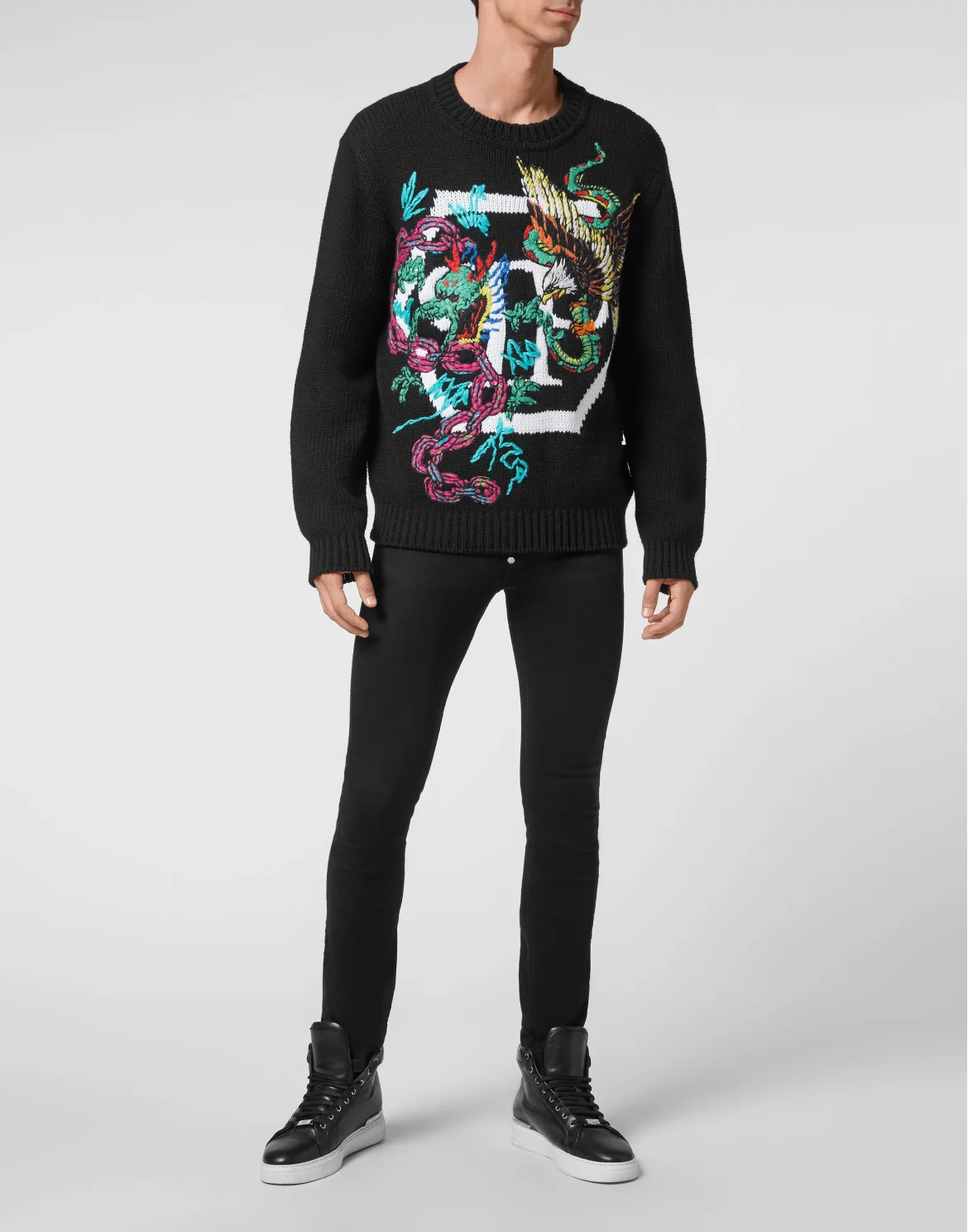 Wool Cotton Pullover Round Neck LS Tattoo Patches, цвет: Черный