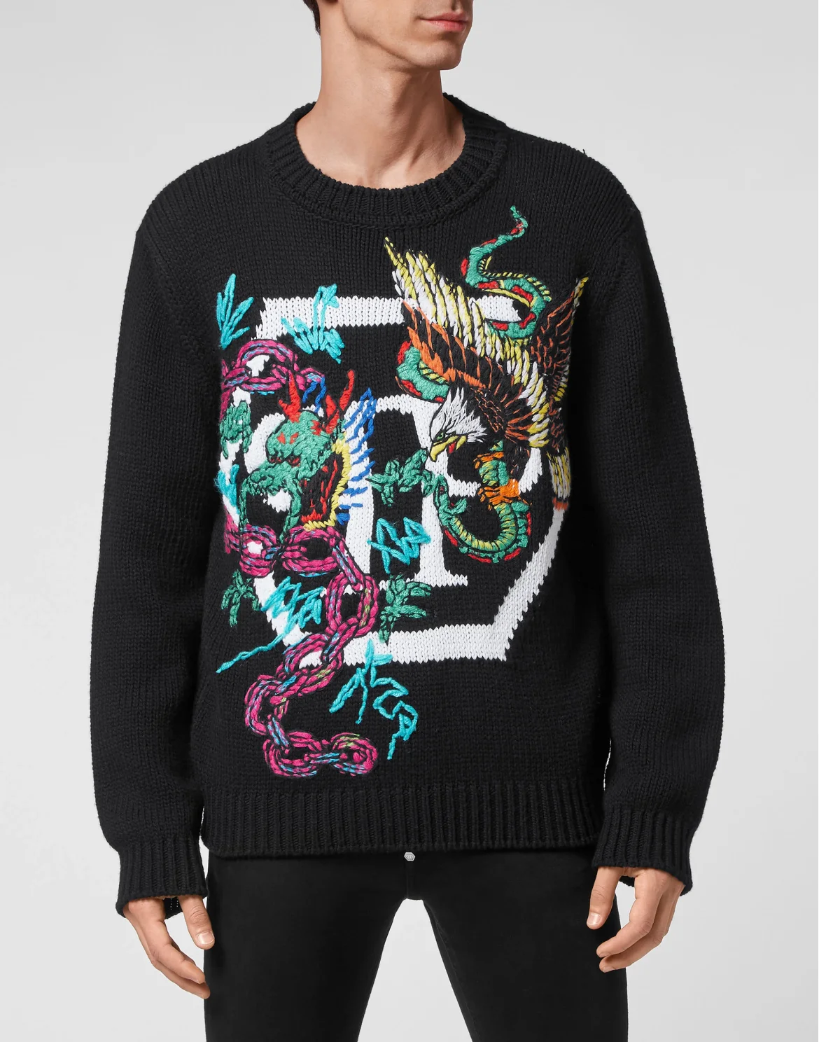 Wool Cotton Pullover Round Neck LS Tattoo Patches, цвет: Черный