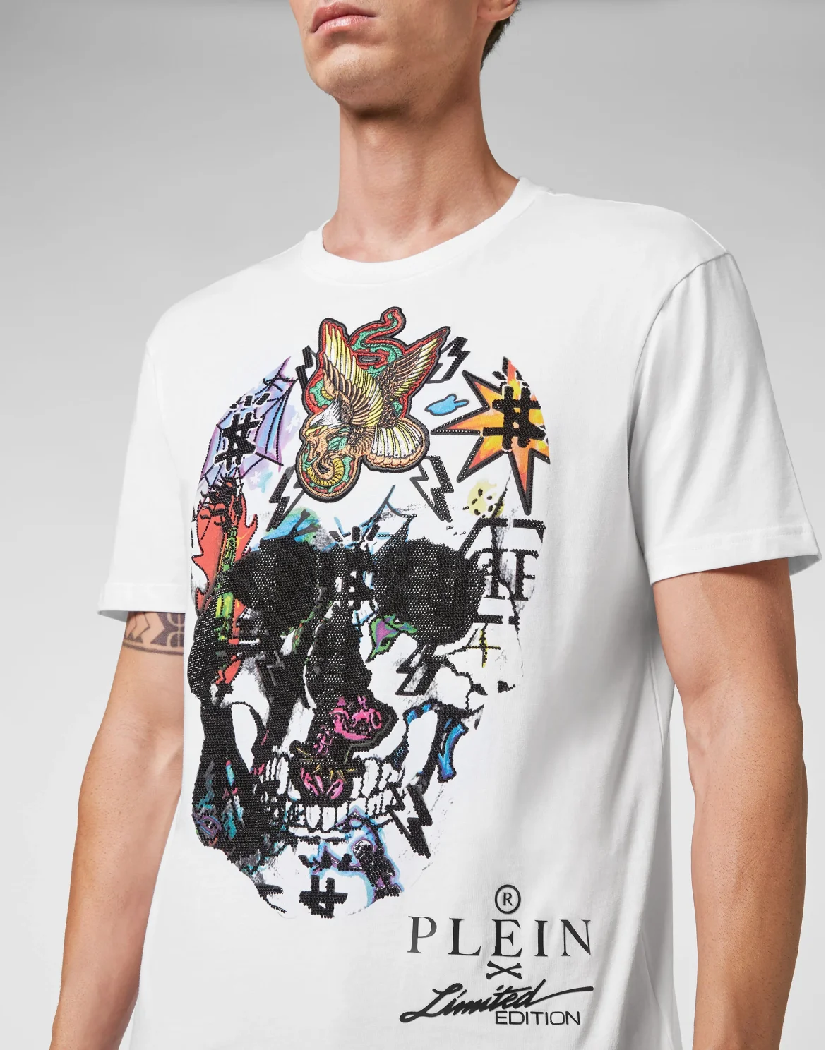 T-shirt Round Neck SS Tattoo Skull strass, цвет: Белый