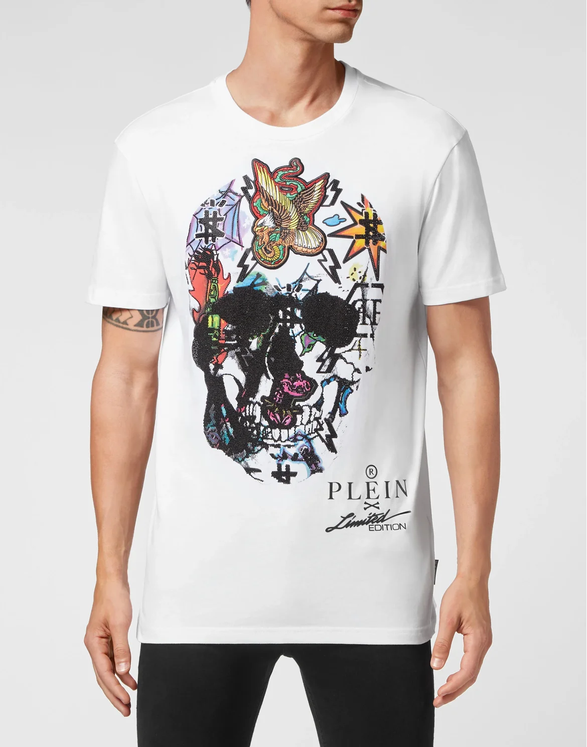 T-shirt Round Neck SS Tattoo Skull strass, цвет: Белый