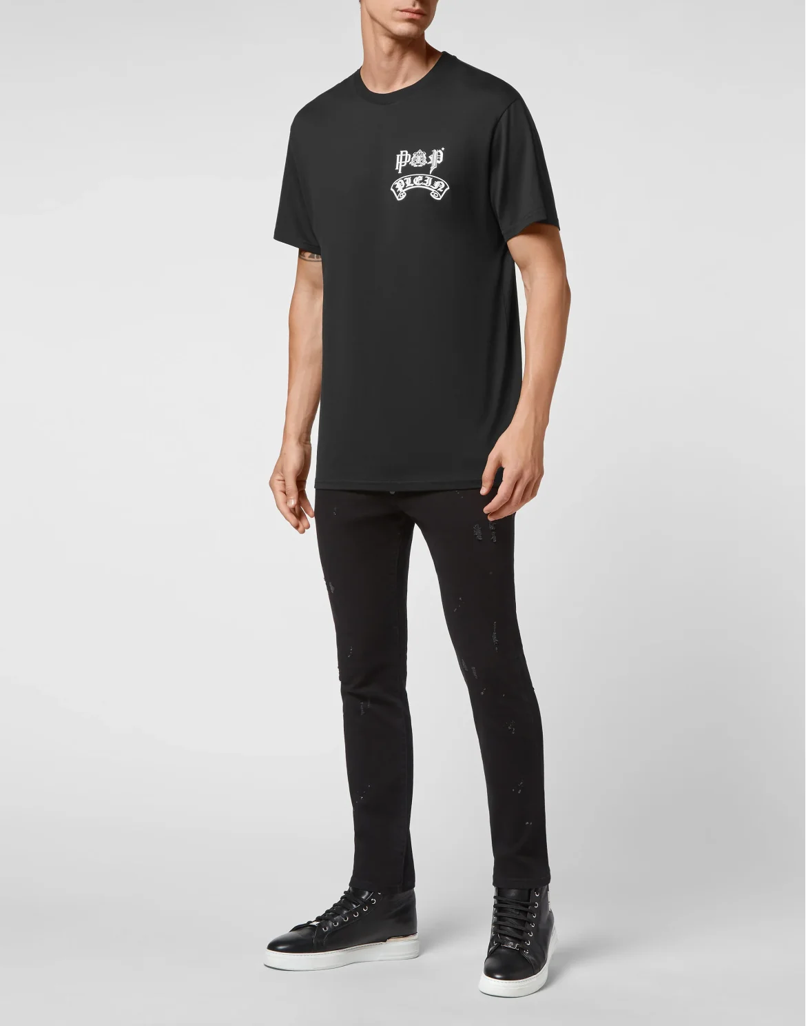 T-shirt Round Neck SS Stones Gothic Plein with Crystals, цвет: Черный