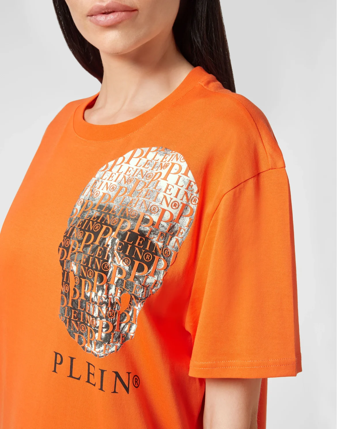 T-shirt Round Neck SS Skull and Plein with Crystals, цвет: Оранжевый