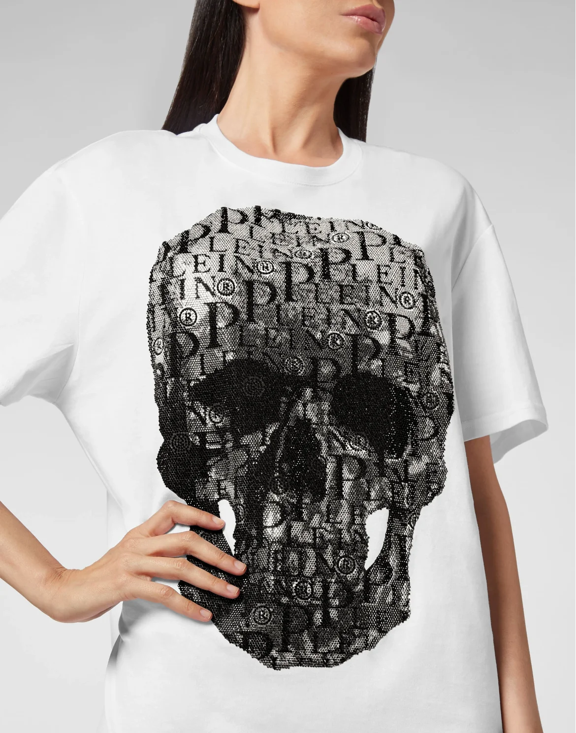 T-shirt Round Neck SS Skull and Plein with Crystals, цвет: Белый