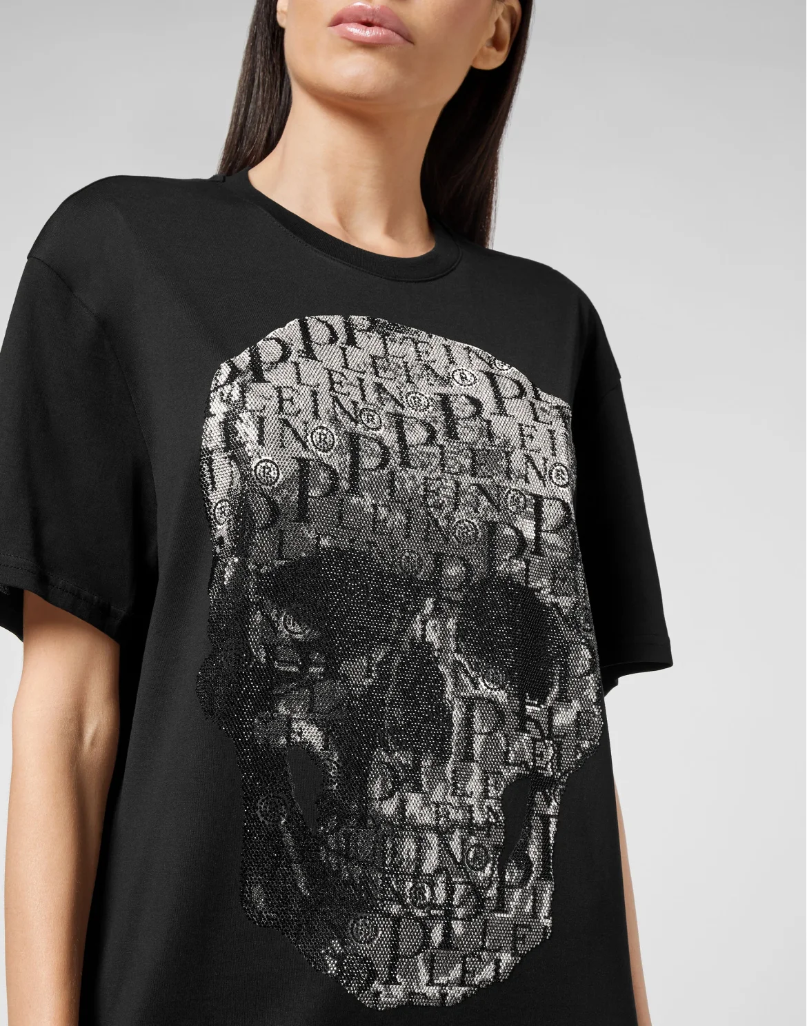 T-shirt Round Neck SS Skull and Plein with Crystals, цвет: Черный