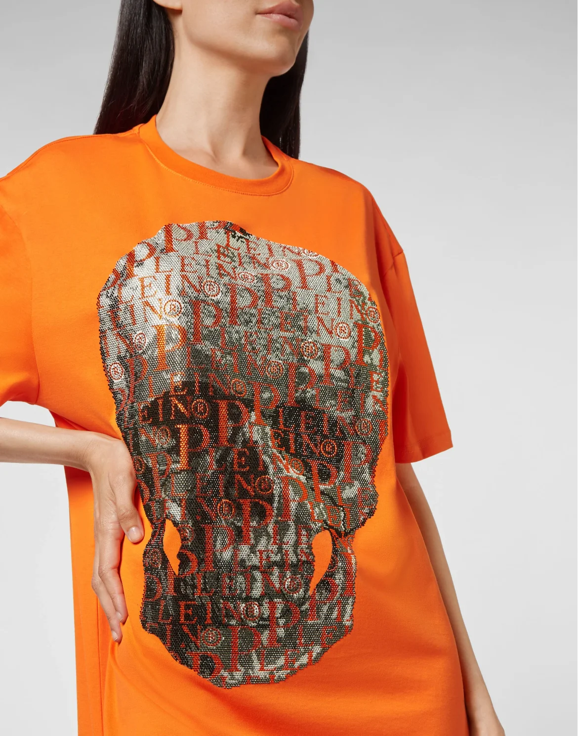T-shirt Round Neck SS Skull and Plein with Crystals, цвет: Оранжевый