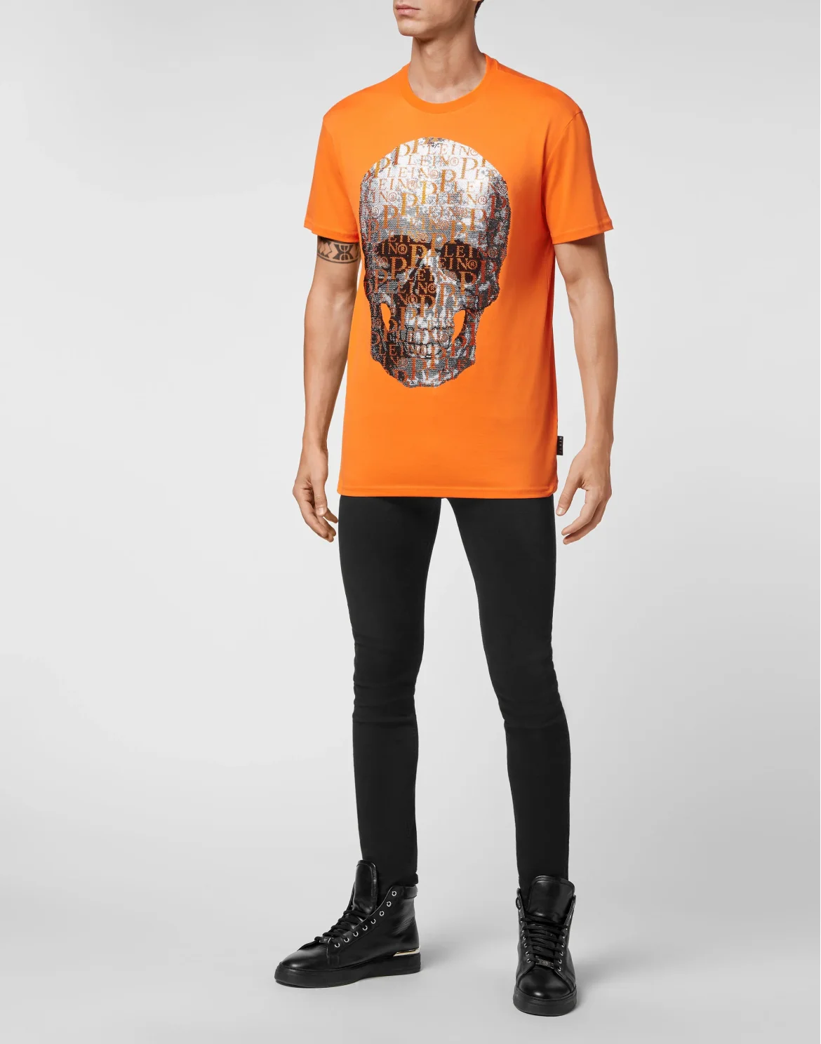 T-shirt Round Neck SS Skull and Plein with Crystals, цвет: Оранжевый