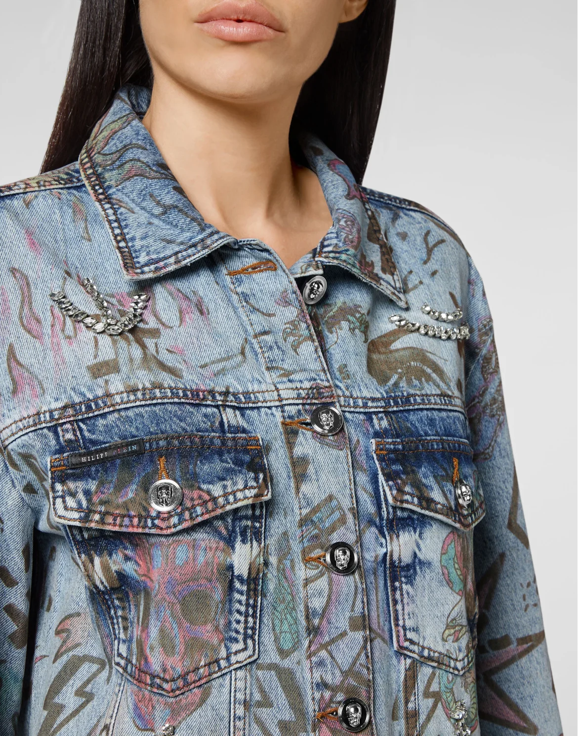 Denim Jacket Oversize Tattoo Monogram with Crystals, цвет: Синий