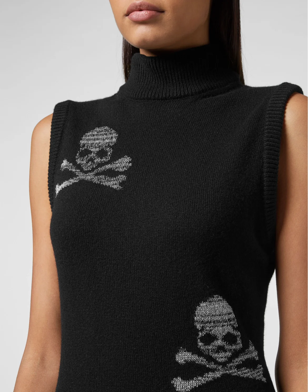 Wool Blend Knit Dress Sleevless Crystal Skull, цвет: Черный