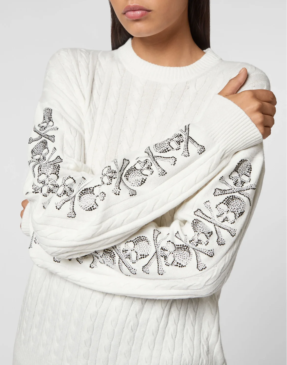 Cash Five Pullover Round Neck LS Cable Crystal Skull, цвет: Бежевый