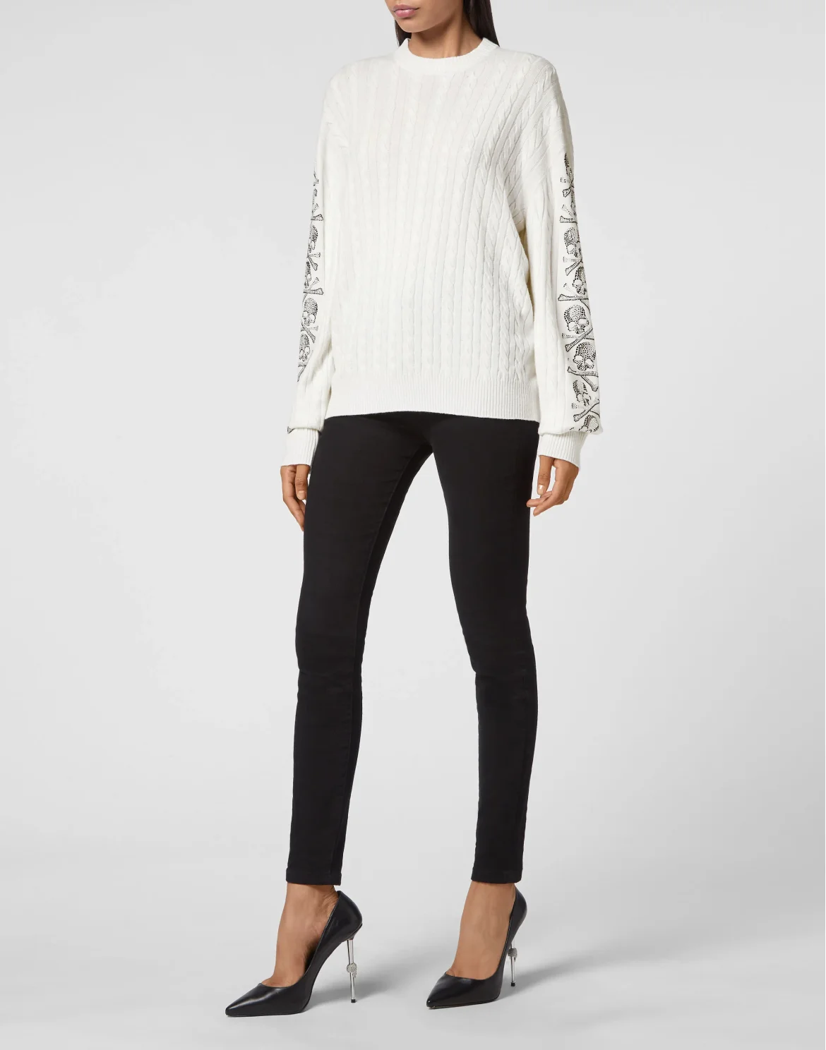 Cash Five Pullover Round Neck LS Cable Crystal Skull, цвет: Бежевый