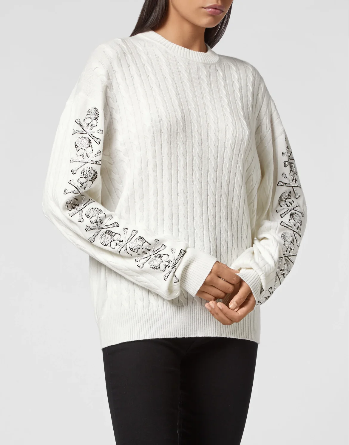Cash Five Pullover Round Neck LS Cable Crystal Skull, цвет: Бежевый