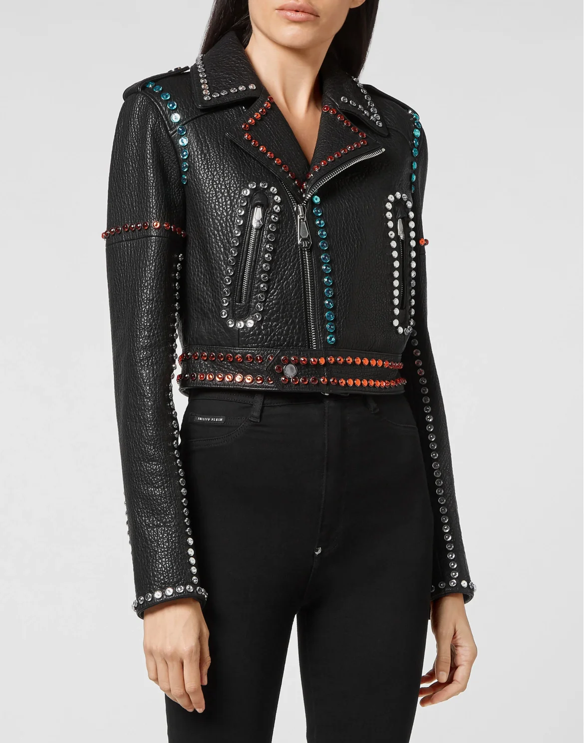 Leather Biker Cropped Crystal Stones with Crystals, цвет: Черный