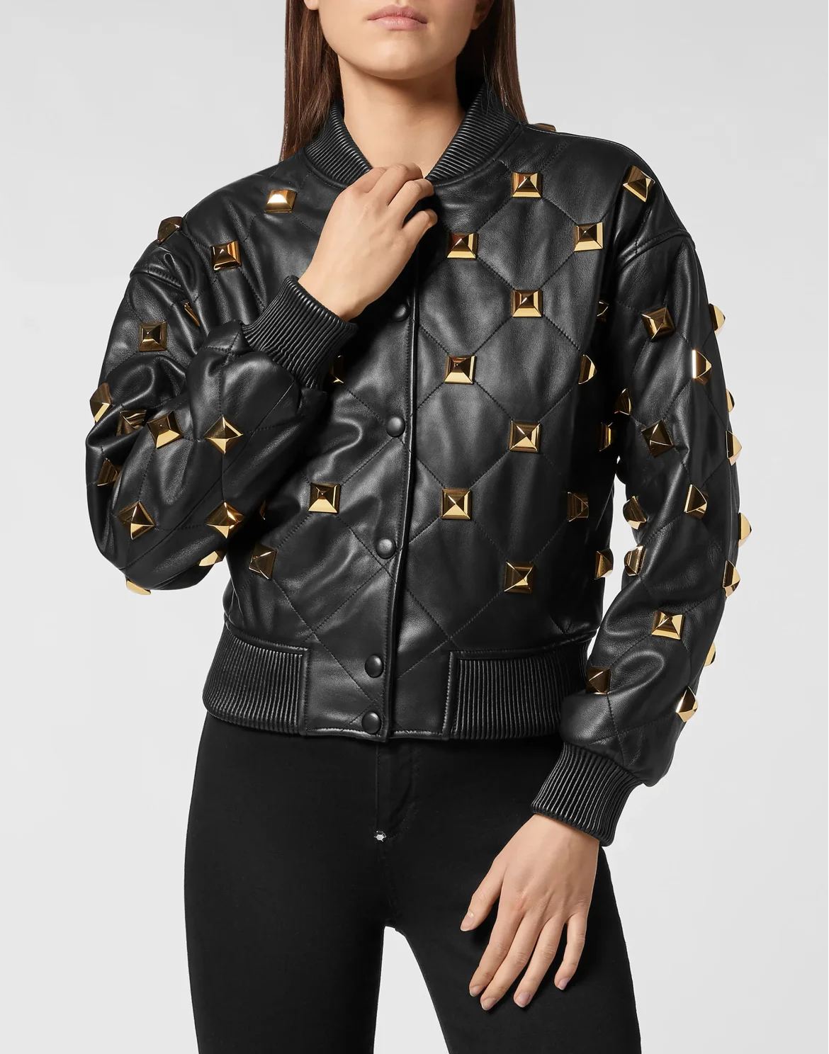 Leather Bomber Matelassè Studs, цвет: Черный